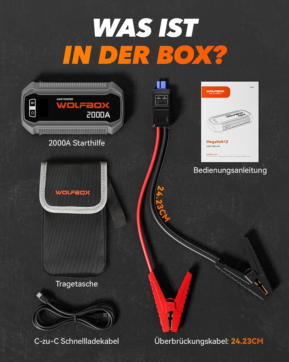 Thumbnail 5 de WOLFBOX Starthilfe Powerbank 2000A – 12V Notfall-Booster mit LED-Lampe, Display und Starthilfekabel