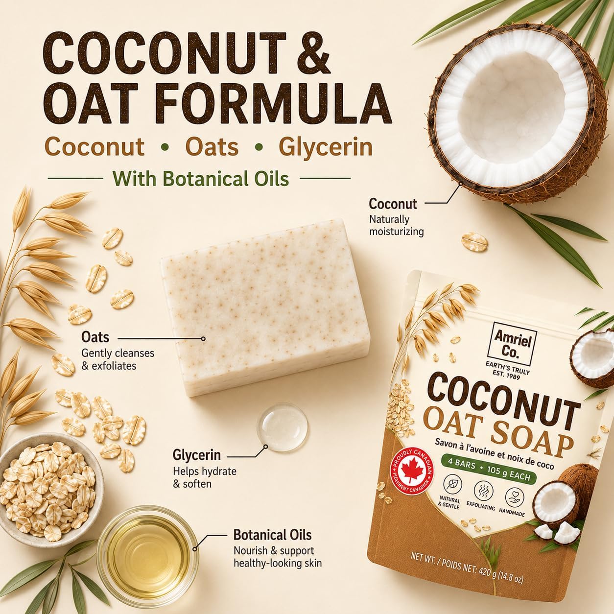 Detalle de Amriel Co. Coconut Oat Soap Bars, 4-Pack with Coconut Oil & Glycerin