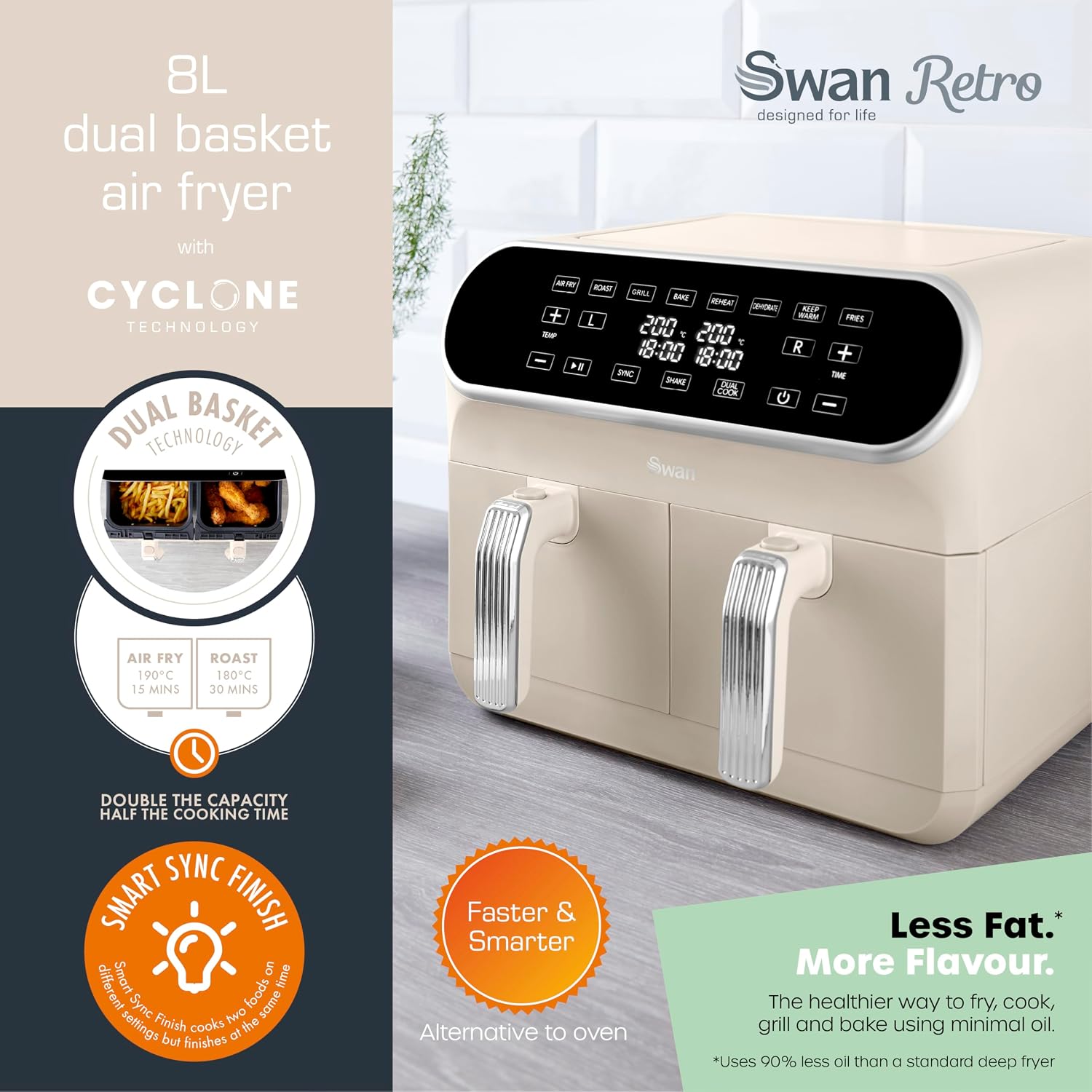 Detalle de Swan SD10519C Retro Dual Basket Air Fryer (8L, 1700W) with Swan Cyclone Technology