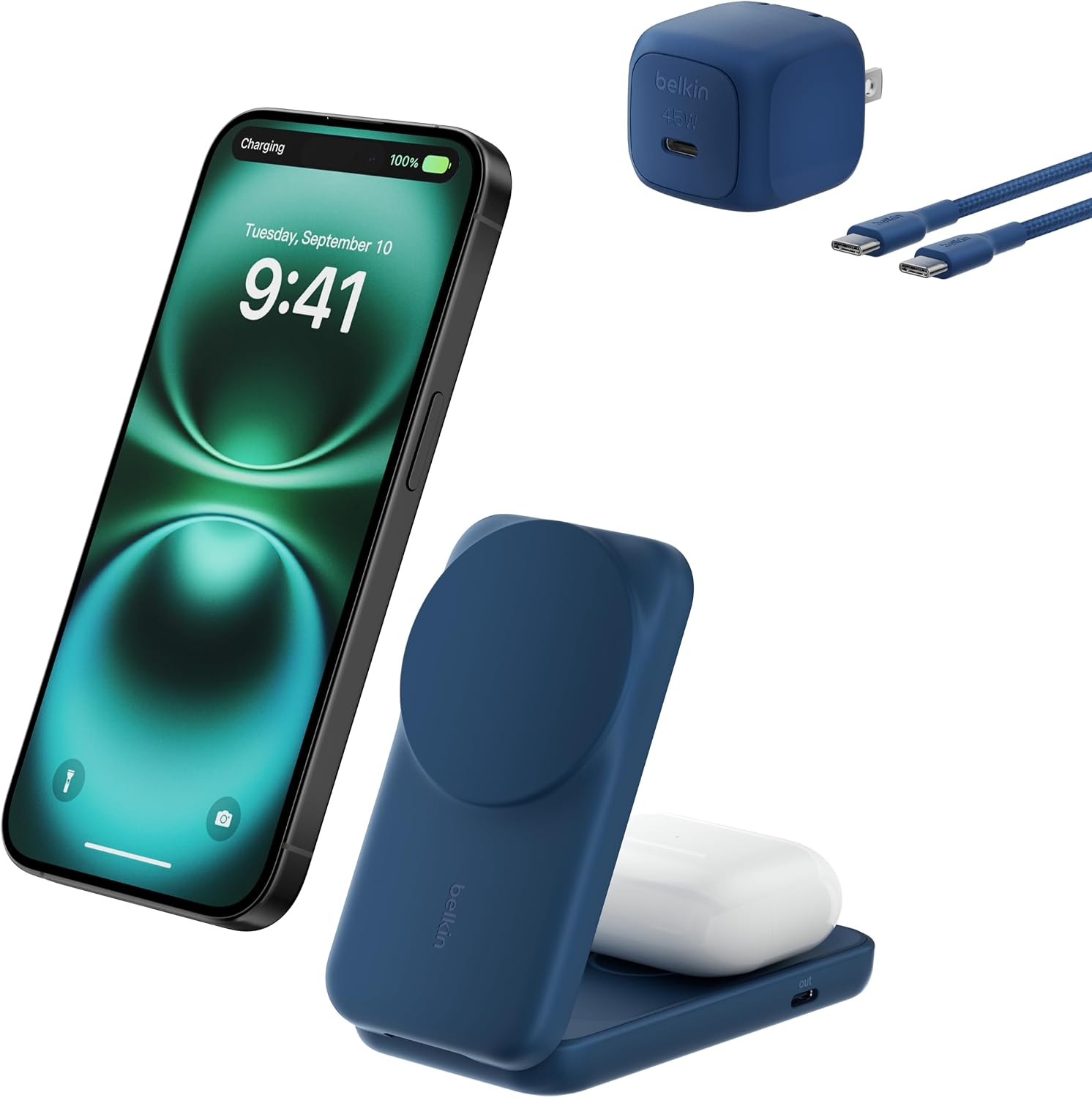 Detalle de Belkin Qi2 25W 2in1 ワイヤレス充電器 折りたたみ式・2台同時充電・ブルー