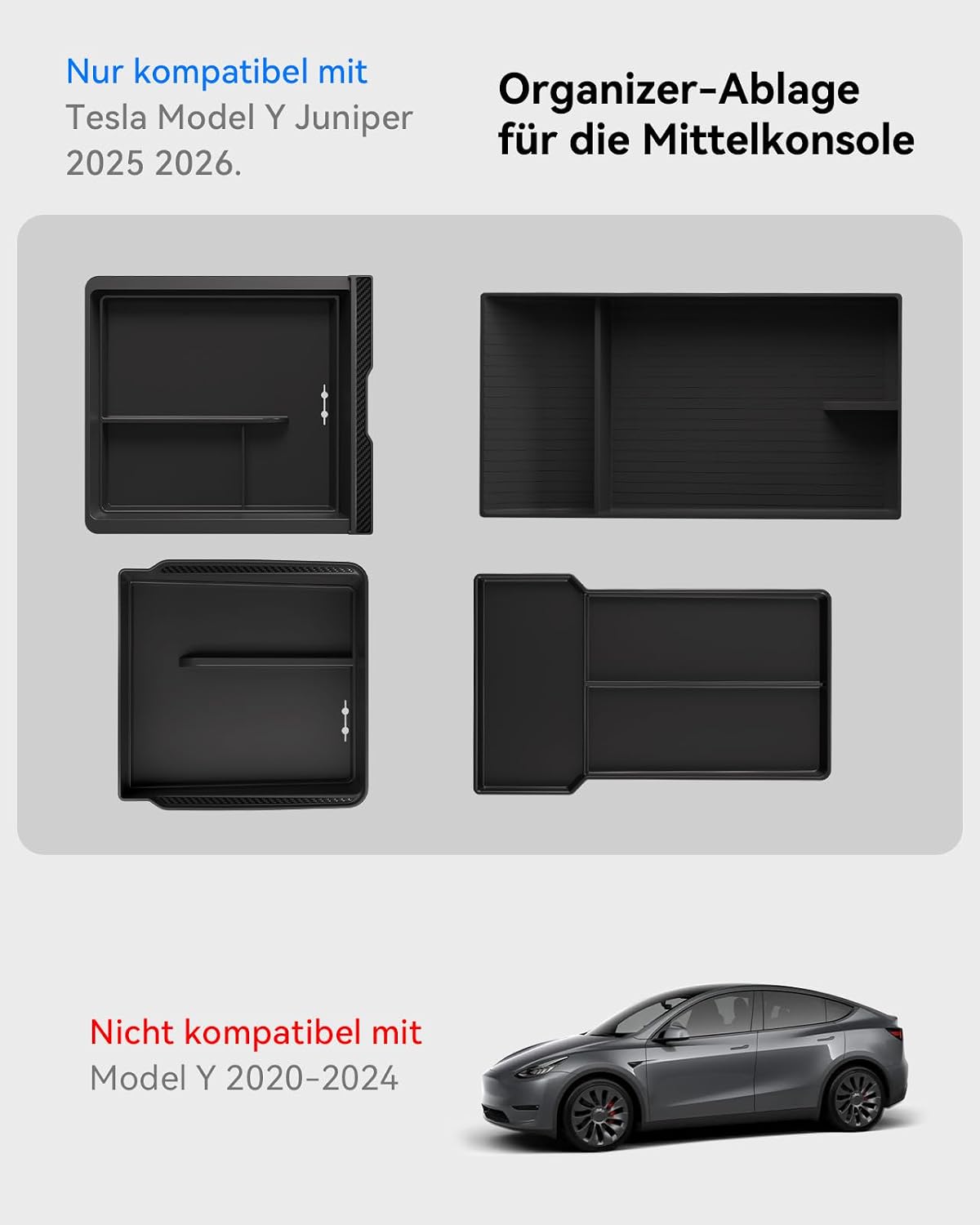 Detalle de VIHIMAI 4-teiliges Mittelkonsolen-Organizer-Set für Tesla Model Y 2025 Juniper (Schwarz) mit Unterteilungen