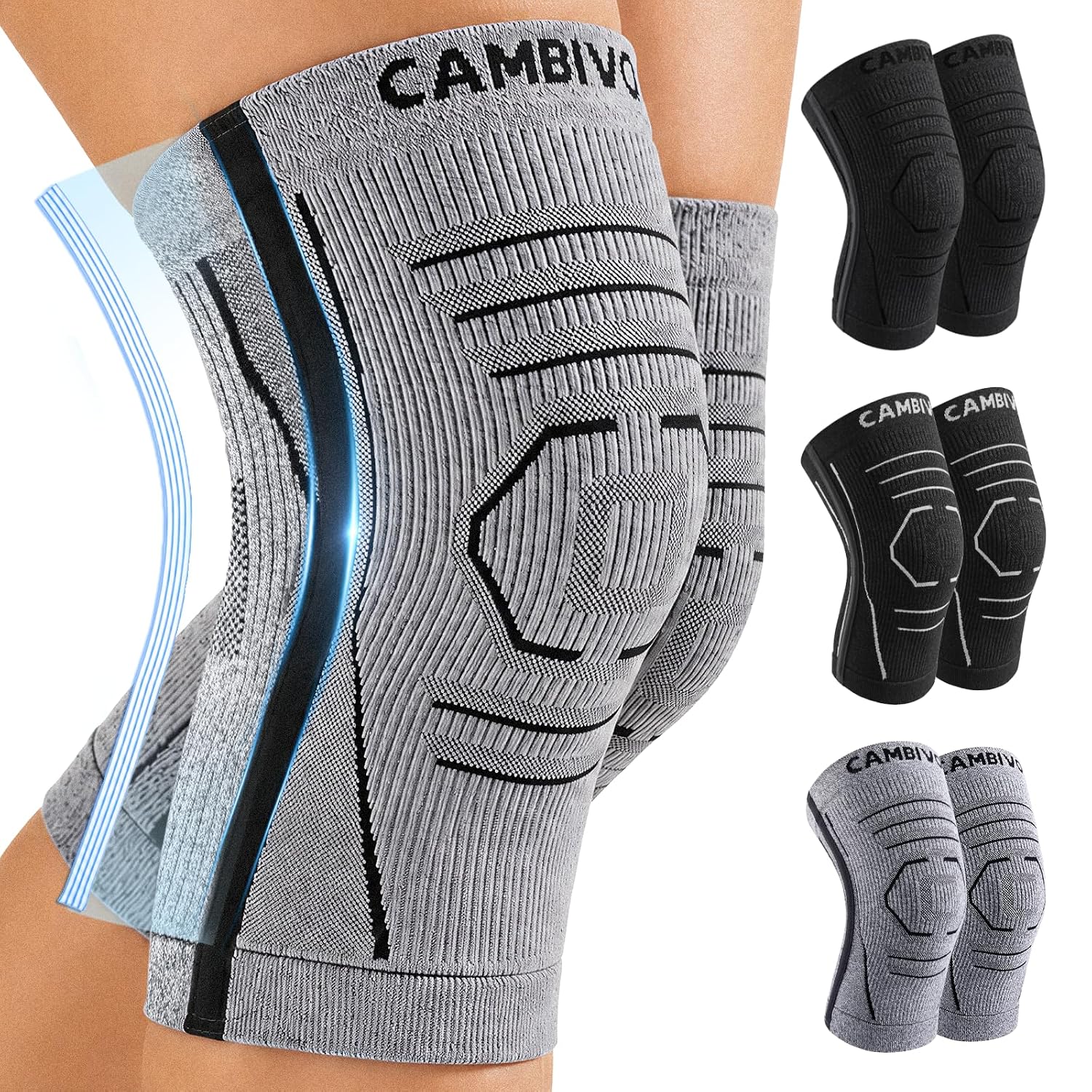 Detalle de CAMBIVO 2 Pack Knee Support with PMMA Side Stabilizers – Lightweight, Breathable Knee Brace for Running and Daily Wear