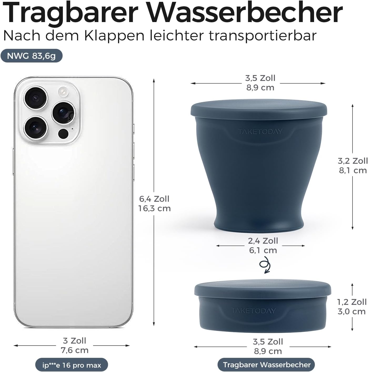 Detalle de TakeToday Zusammenklappbarer Reisebecher 240 ml – Silikon-Faltbecher für Camping, Outdoor und Reisen