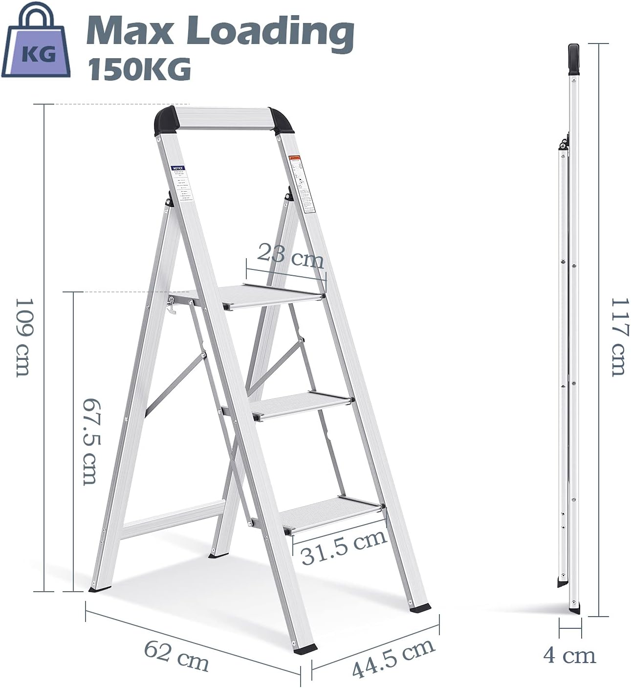 Detalle 2 de KINGRACK Escalera de Tijera 3 Peldaños 150 kg