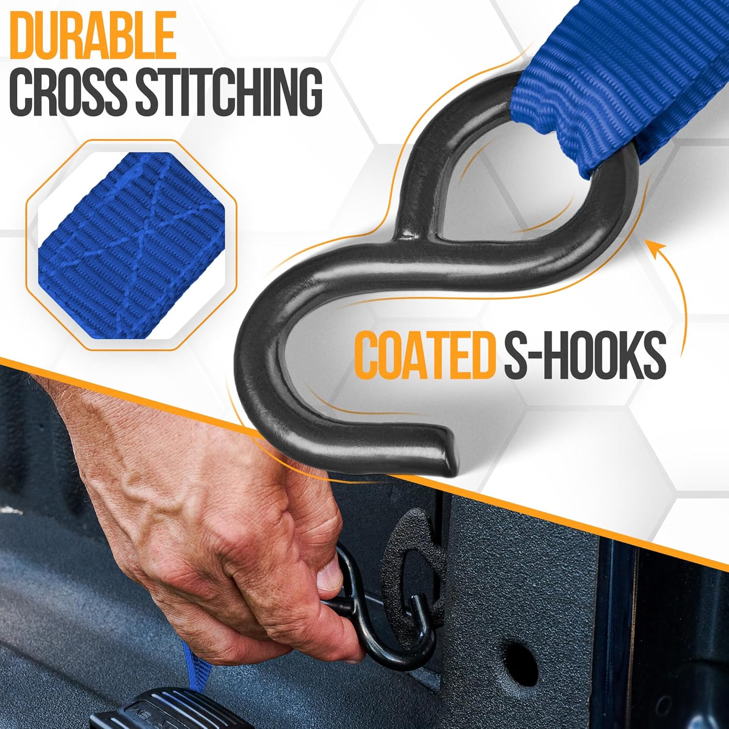 Detalle de FORTEM Ratchet Straps Tie Down Kit (4-Pack) – 748kg break strength, 4.6m x 2.54cm