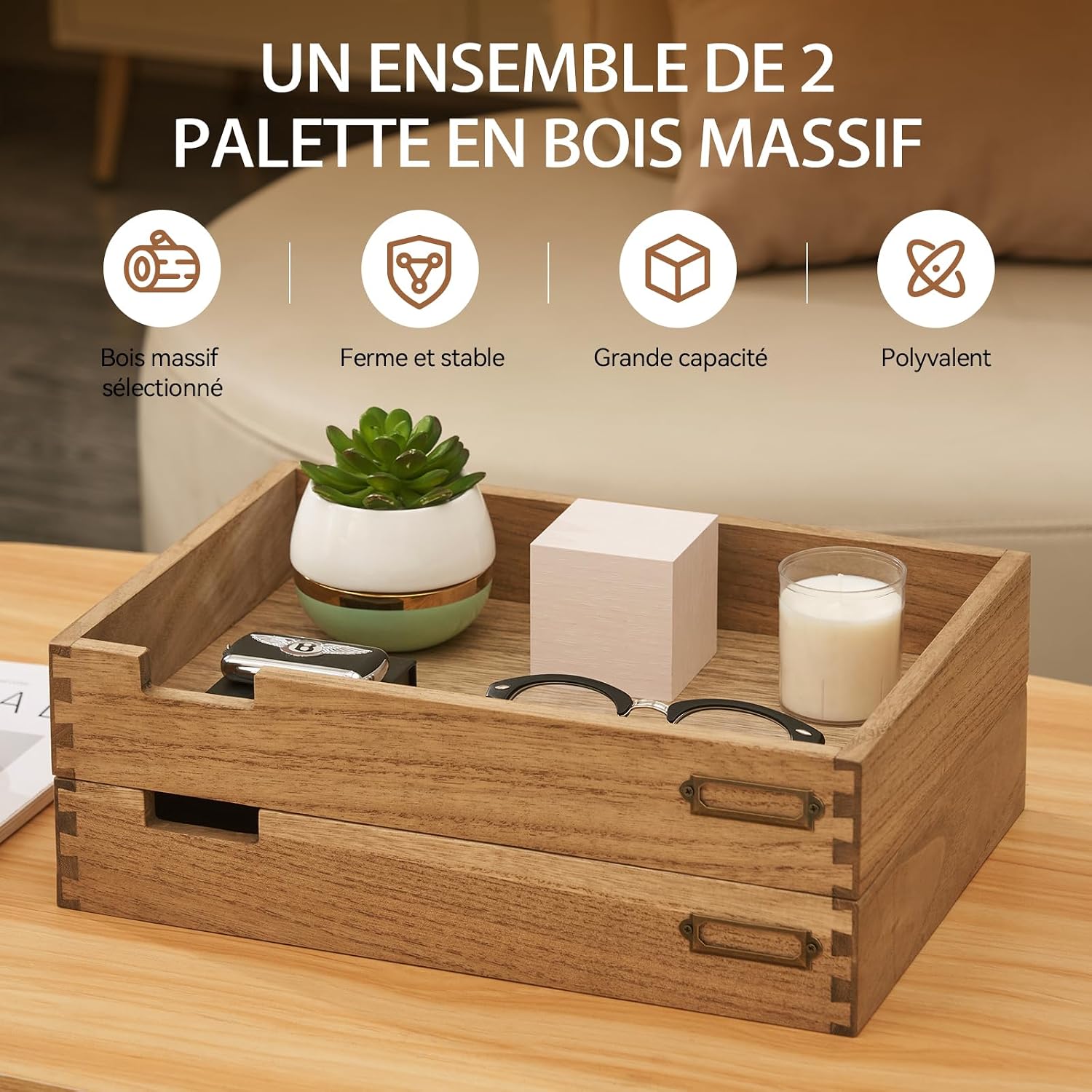 Detalle 2 de KIRIGEN stapelbare houten bureau-organizers, set van 2 met metalen labelhouders