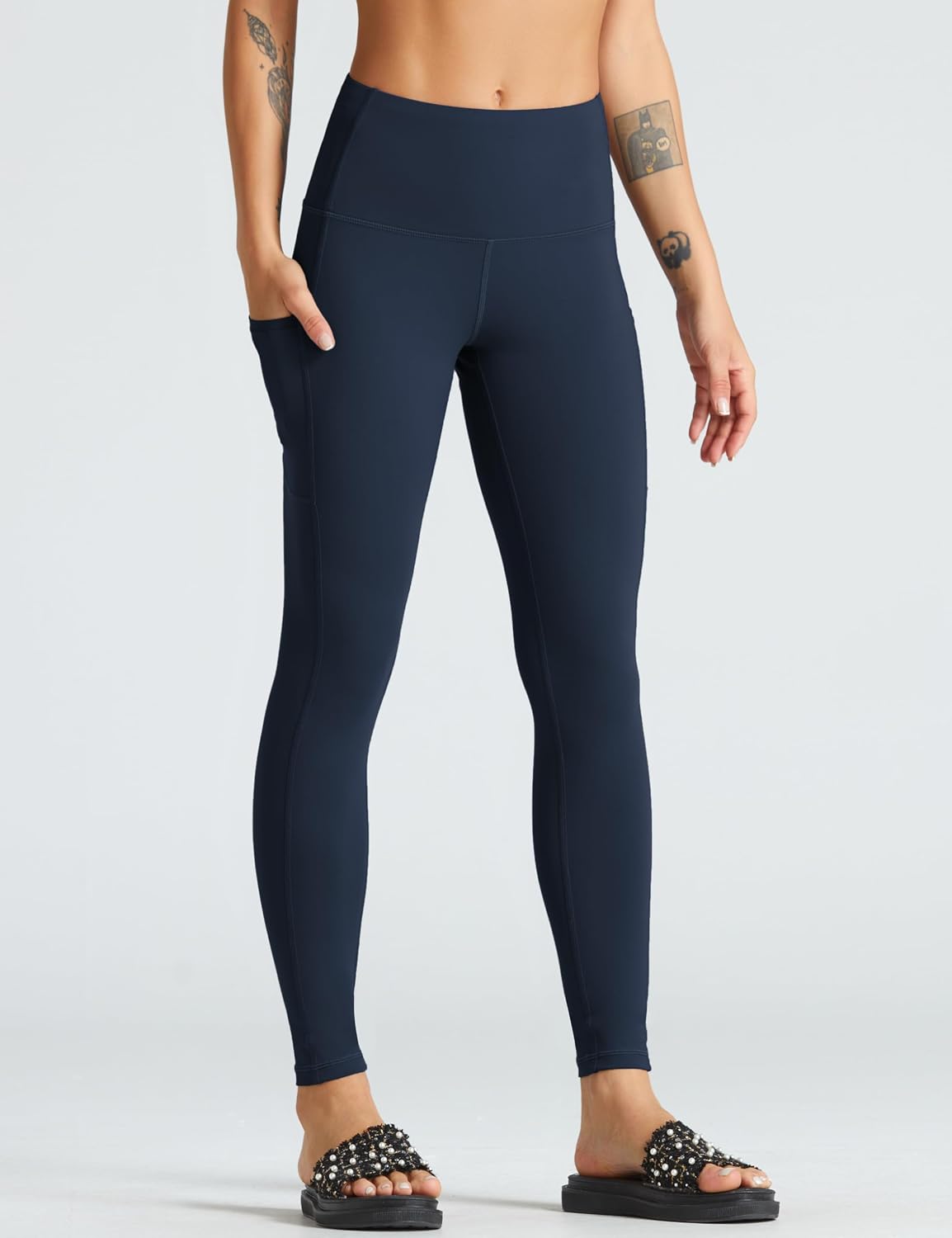 Detalle de THE GYM PEOPLE Pantalon de yoga taille haute pour femme : legging d’entraînement doux avec poches