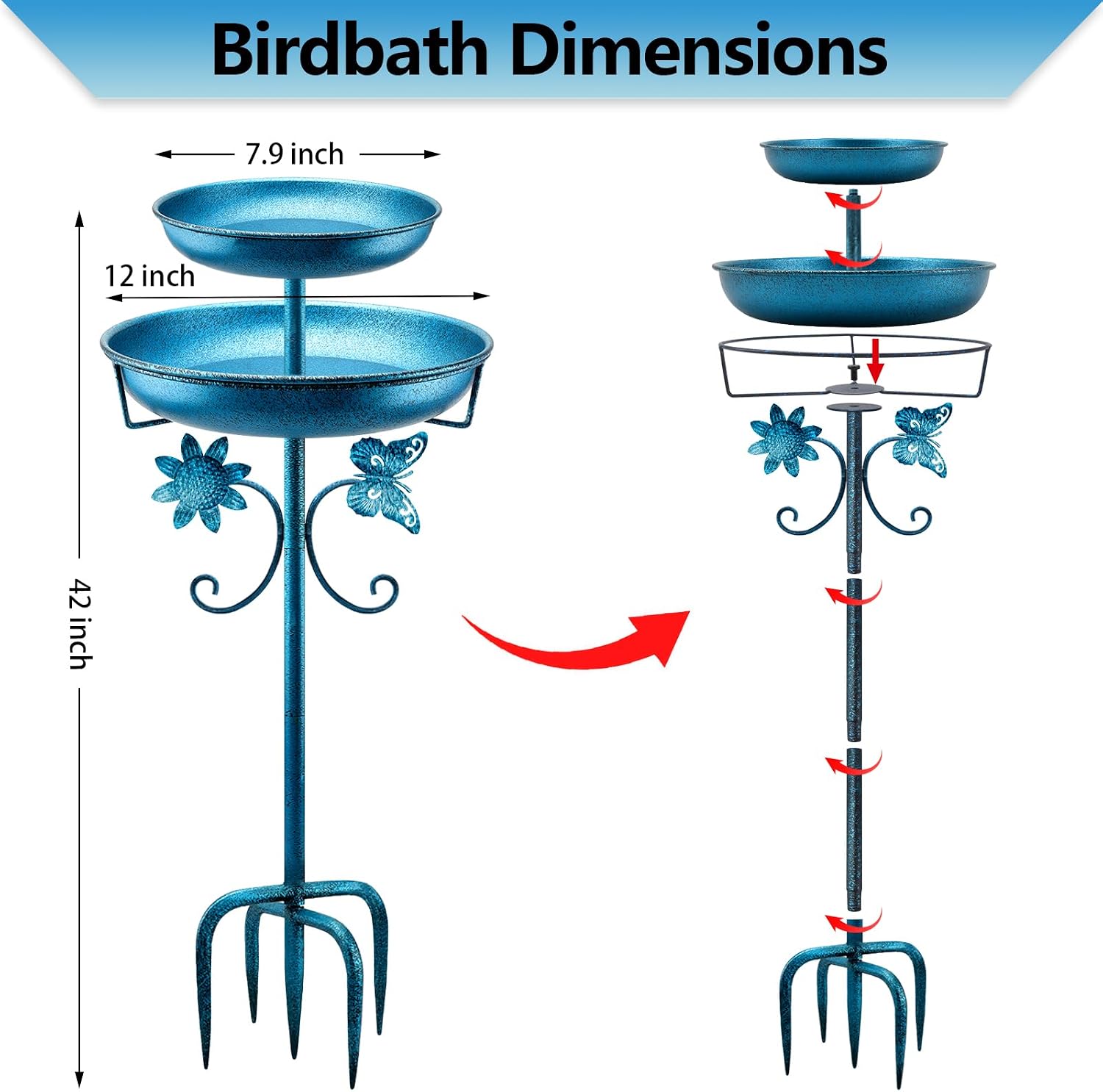 Thumbnail 6 de Yepper 42in Double Vintage Metal Bird Bath with Feeder Bowl, Freestanding Outdoor Garden Patio Yard Decor (Blue)