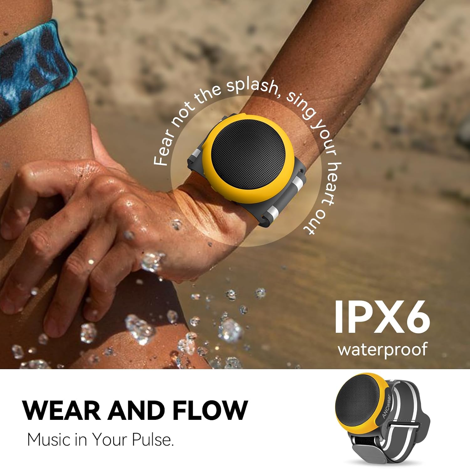 Detalle de ANCwear Wearable Bluetooth Speaker with Clip (Yellow) — IPX6, 3W, 9.5h Playtime