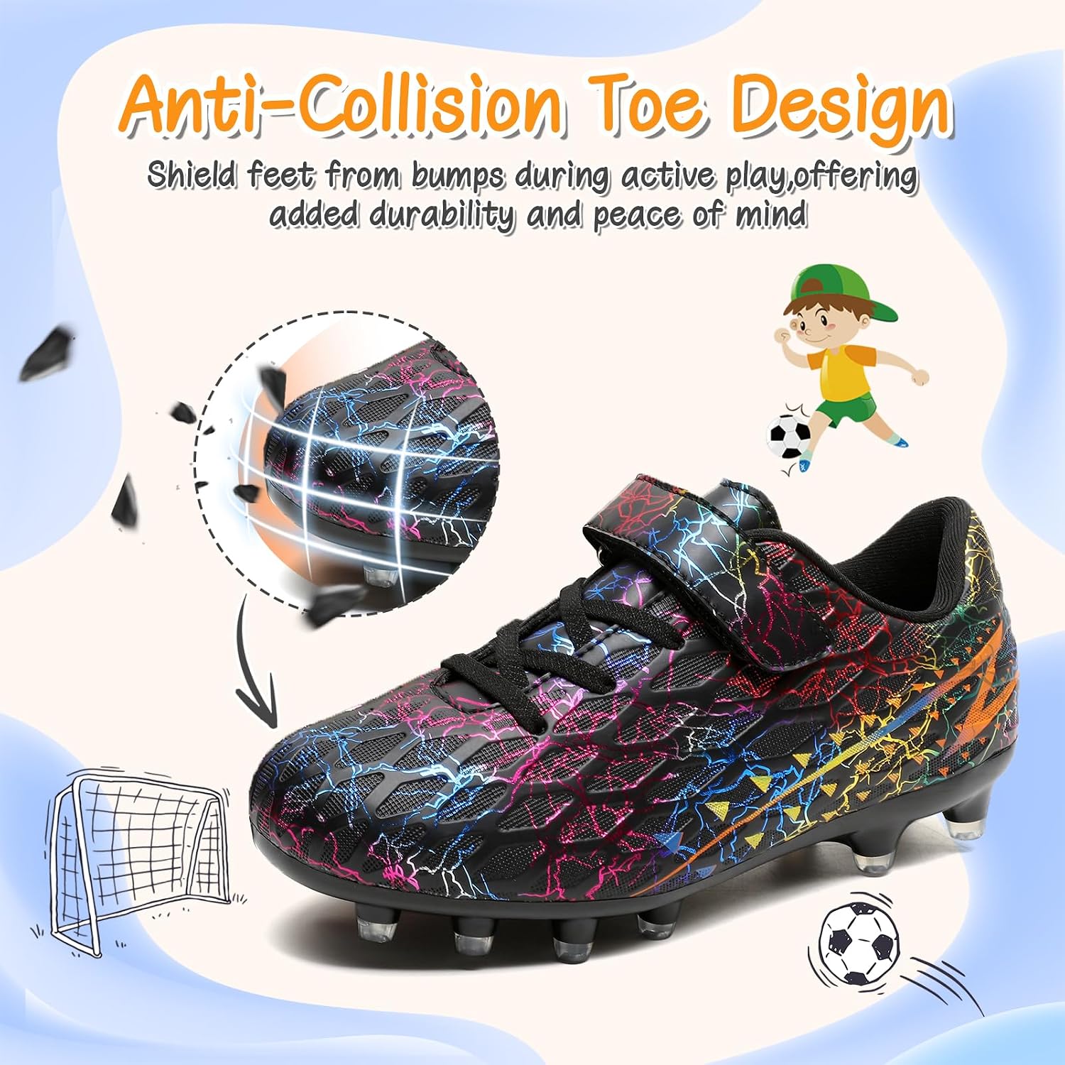 Detalle de Kids FG/AG Football Boots Trainers (Hook-and-Loop) for Boys & Girls – Indoor/Outdoor Soccer Shoes