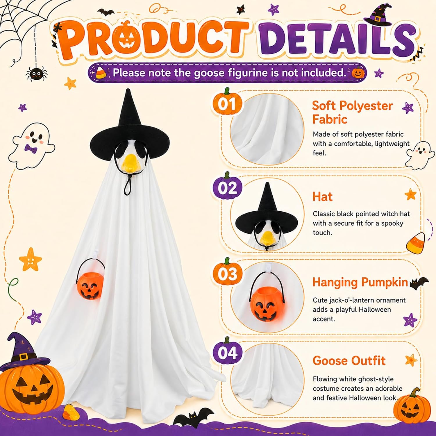 Detalle de Bigwish BW-23efu-gui01 Halloween Porch Goose Outfit with Ghost Cloak and Witch Hat