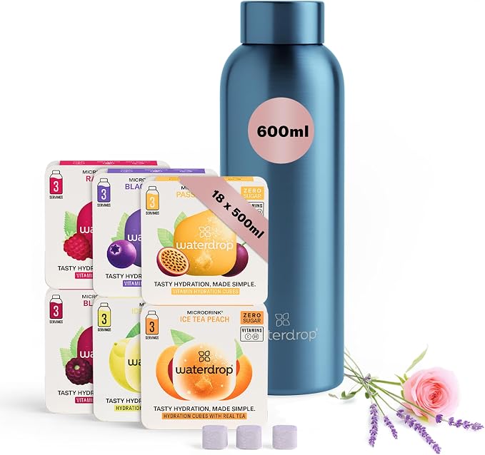 Detalle de waterdrop® Starter Set Steel: Botella de Acero y Bebidas 🍹