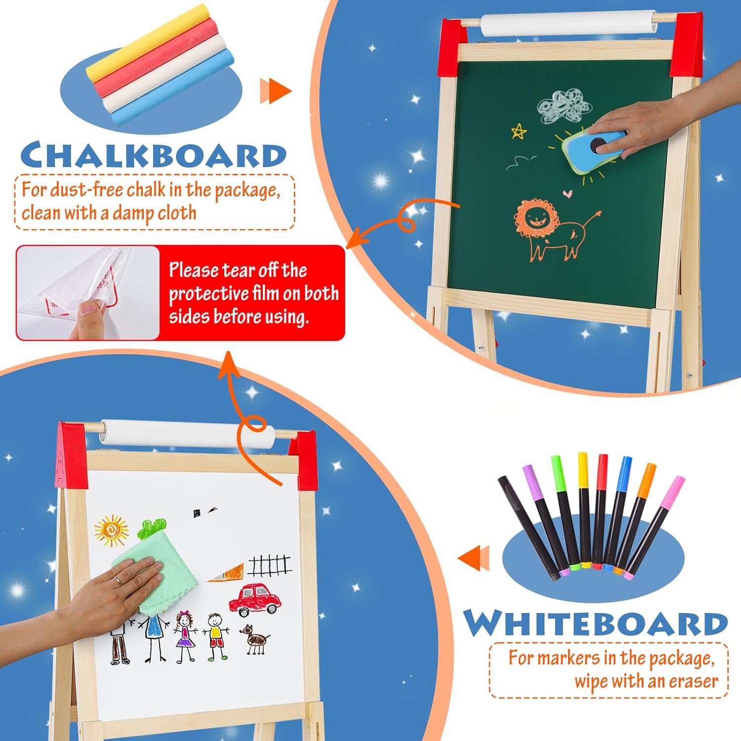 Thumbnail 4 de Kinder Staffelei Holz Kindertafel mit Papierrollenhalter – doppelseitige Kreidetafel und Whiteboard