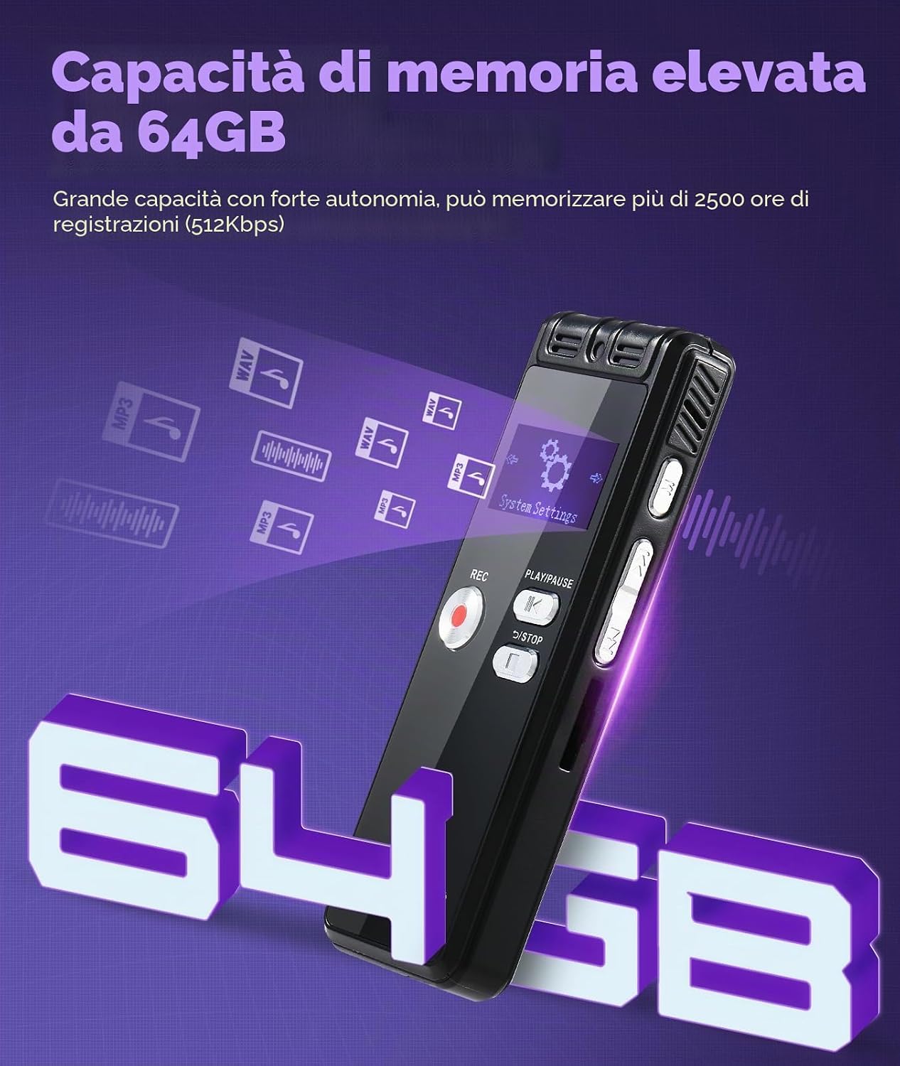 Detalle de NekSide Registratore vocale digitale 64G con interfaccia Type-C e One-Touch-HD Dual MIC