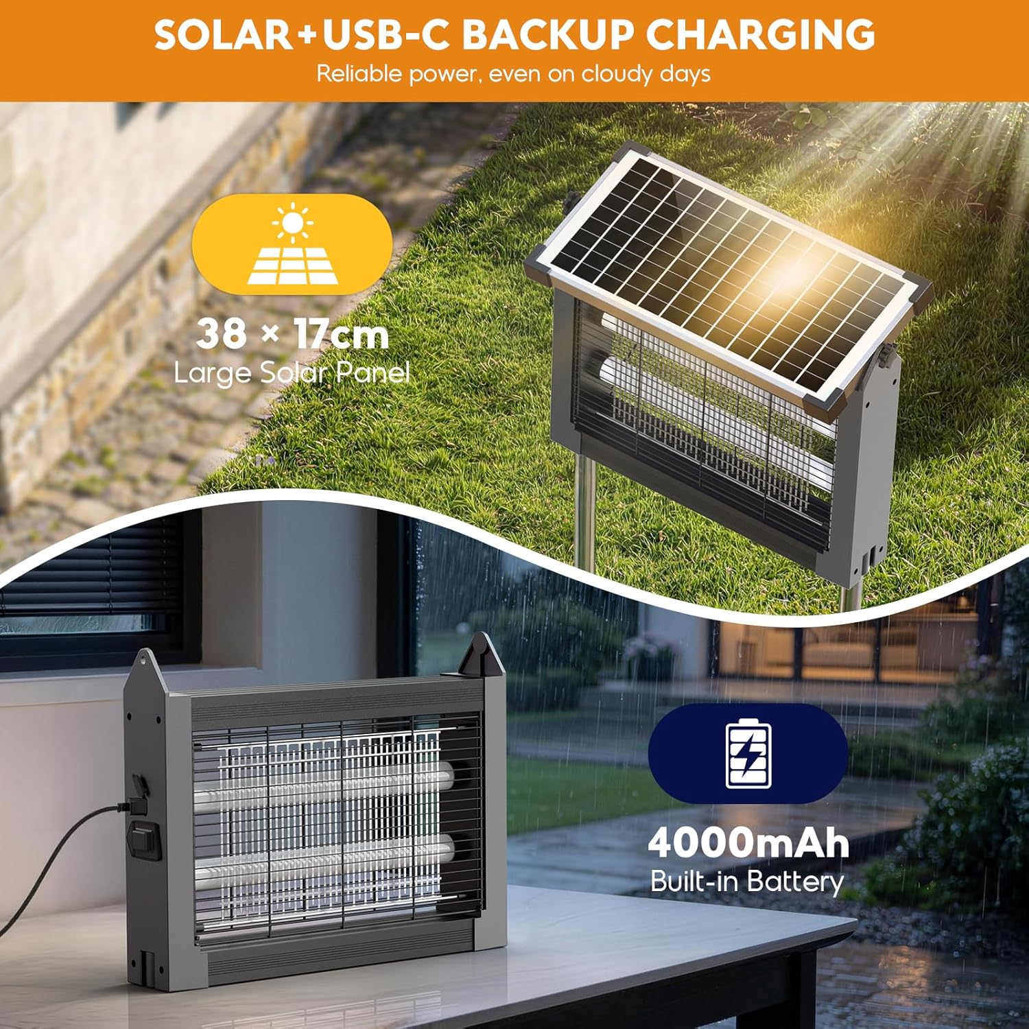 Thumbnail 1 de Anysun lampada antizanzare elettrica solare da esterno 4500V con ricarica USB, IPX5 e cavo da 3 m