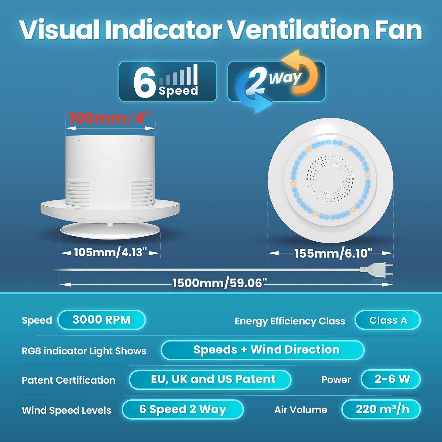 Thumbnail 5 de SLUELI 100 mm badkamer ventilator met 6 snelheden en twee richtingen