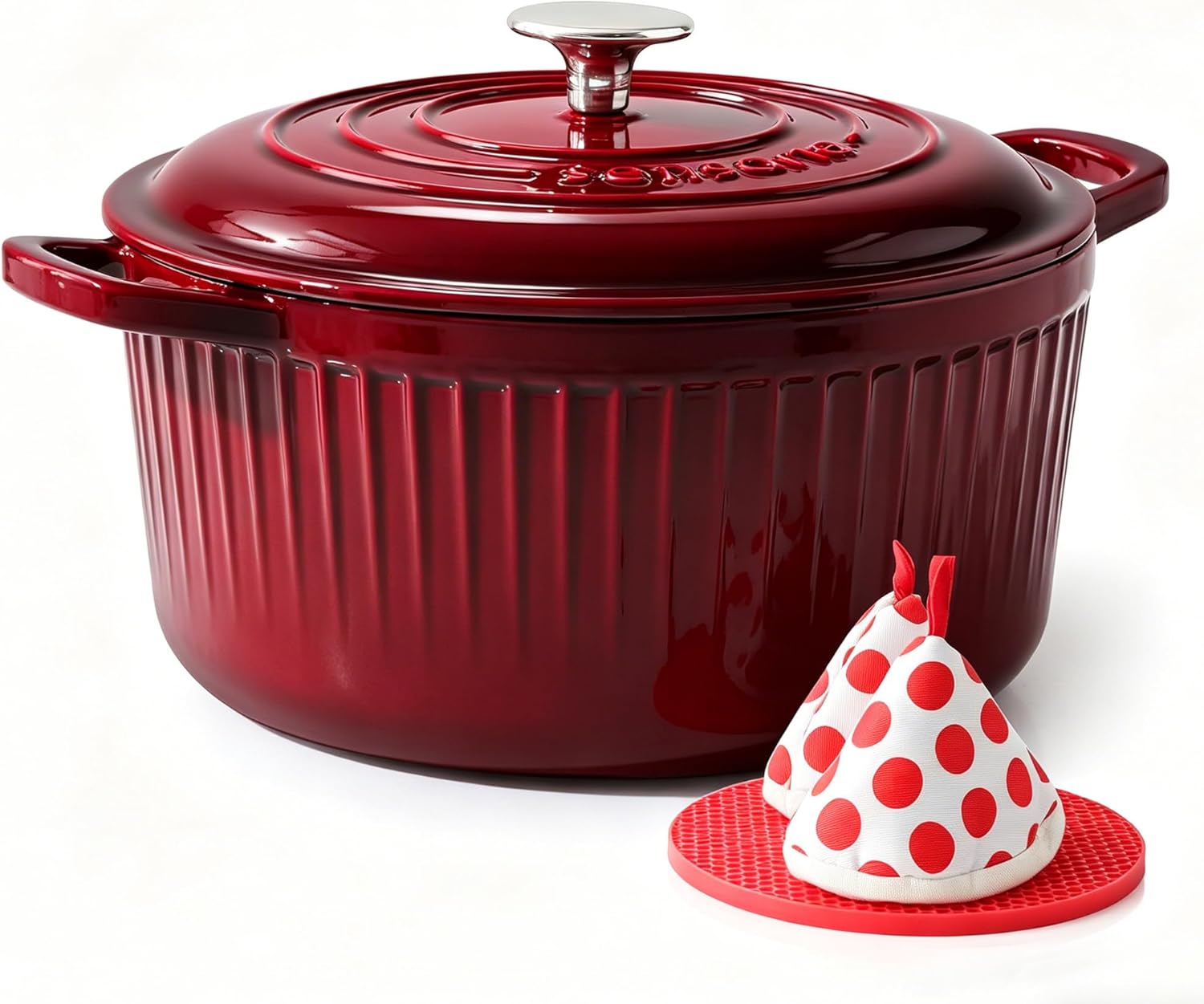 Detalle de SENSARTE Enameled Cast Iron Dutch Oven (5.5 Quart) Red with Lid, Dual Handles, Trivet & Cotton Potholders