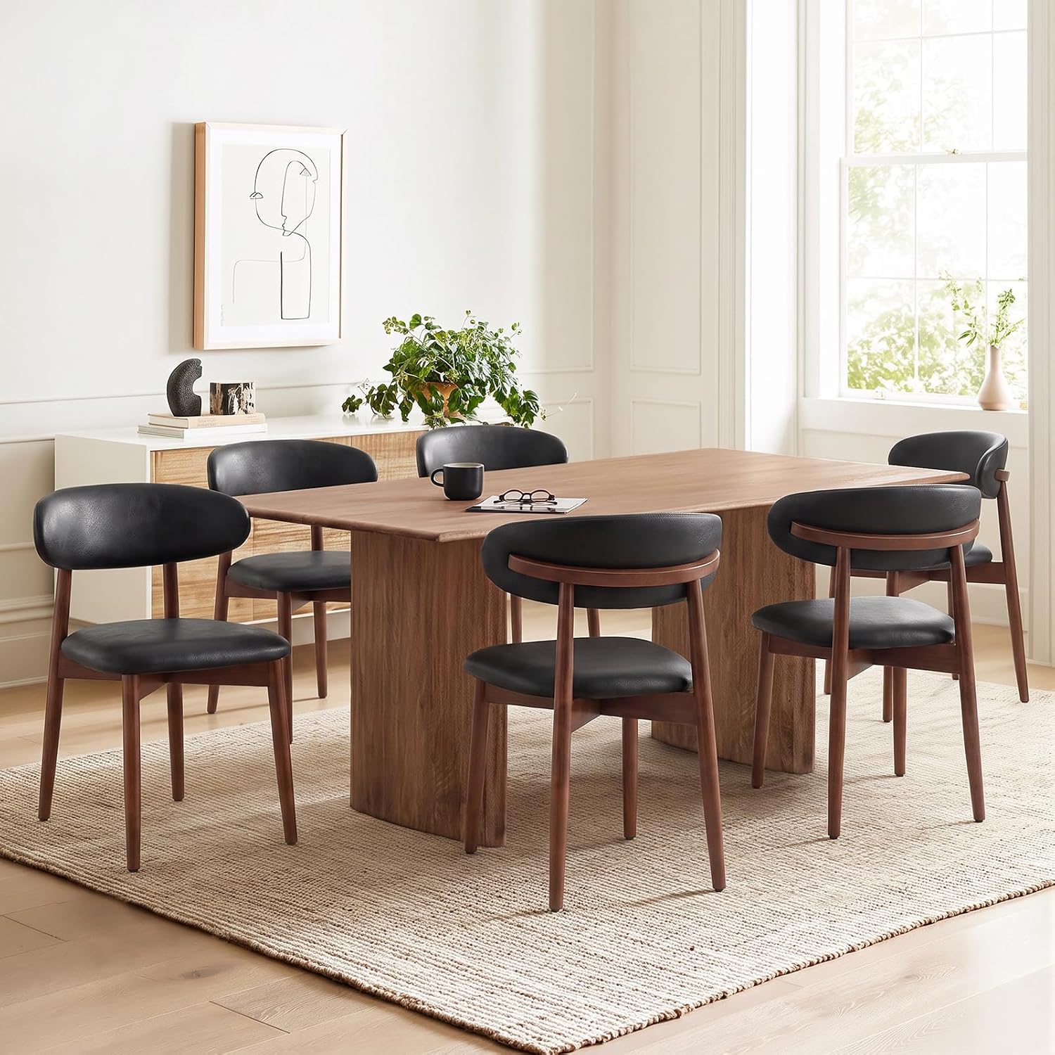 Detalle de COLAMY D6270US Wooden Dining Chairs, Set of 6, Black Leather Upholstery
