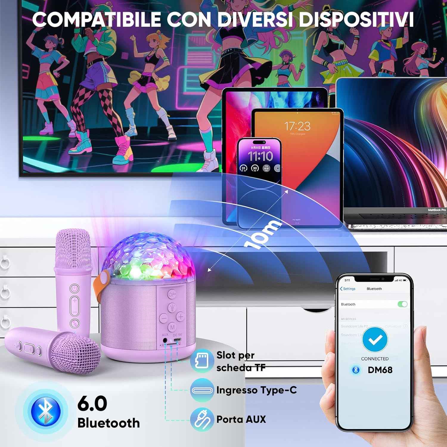 Thumbnail 3 de Dislocati karaoke per bambini e adulti con luci discoteca, altoparlante Bluetooth e microfono Bluetooth
