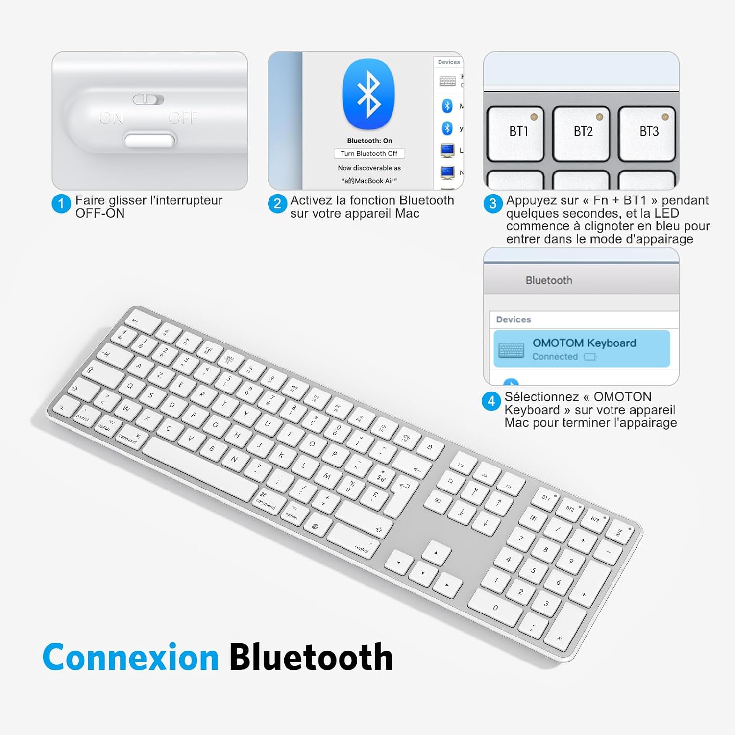 Thumbnail 6 de OMOTON Clavier Bluetooth sans fil pour Mac AZERTY rechargeable (3 canaux) – Argent