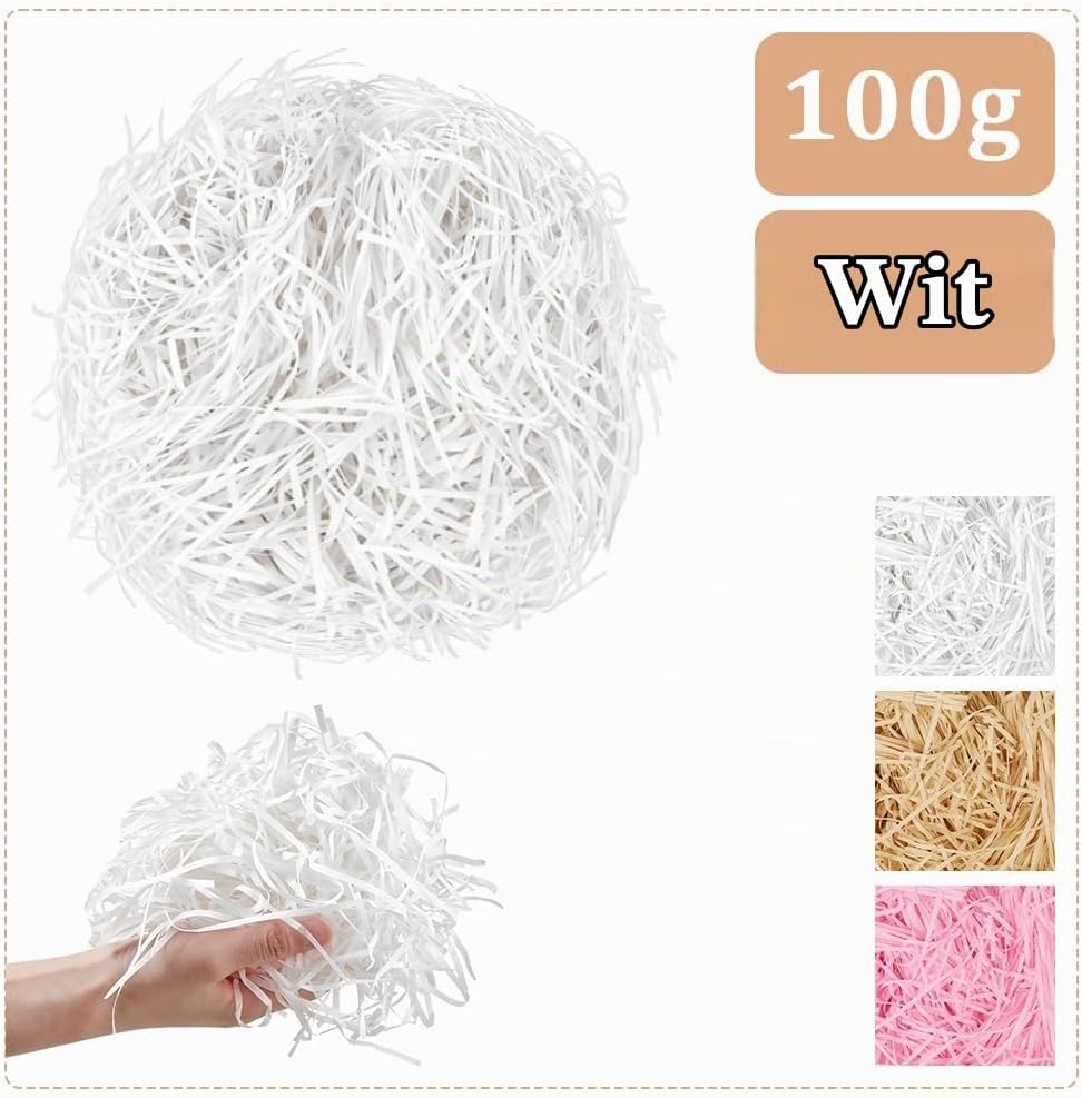 Detalle de Alaoo 100 g papieren cadeauvulling, wit raffiagras voor manden en geschenken