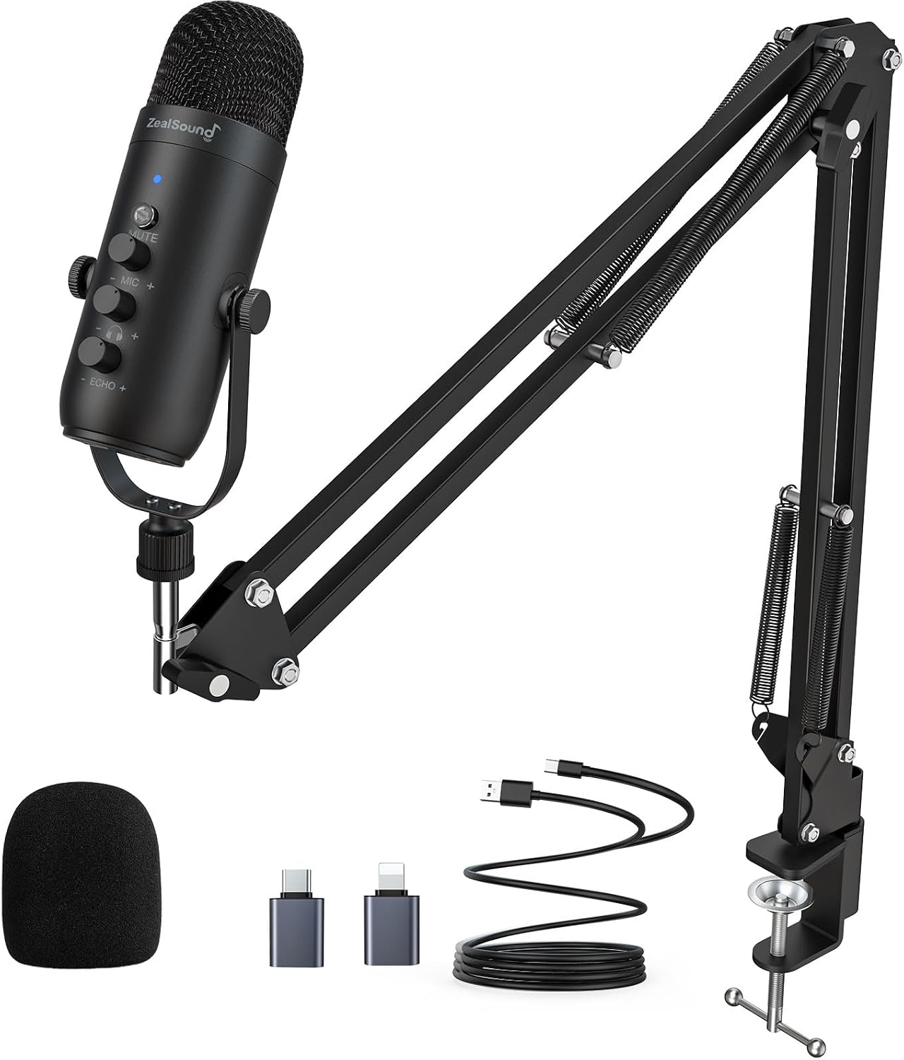 Detalle de zealsound USB Podcast Mikrofon für PC & Handy mit Rauschunterdrückung, Mute, Echo – inkl. 2 Adaptern und Boom-Arm