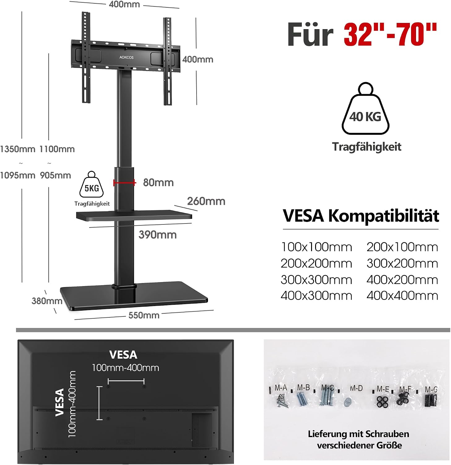 Thumbnail 5 de AOKCOS TV-Ständer Bodenständer für 32–70 Zoll Fernseher – höhenverstellbar, schwenkbar, VESA bis 400x400 mm