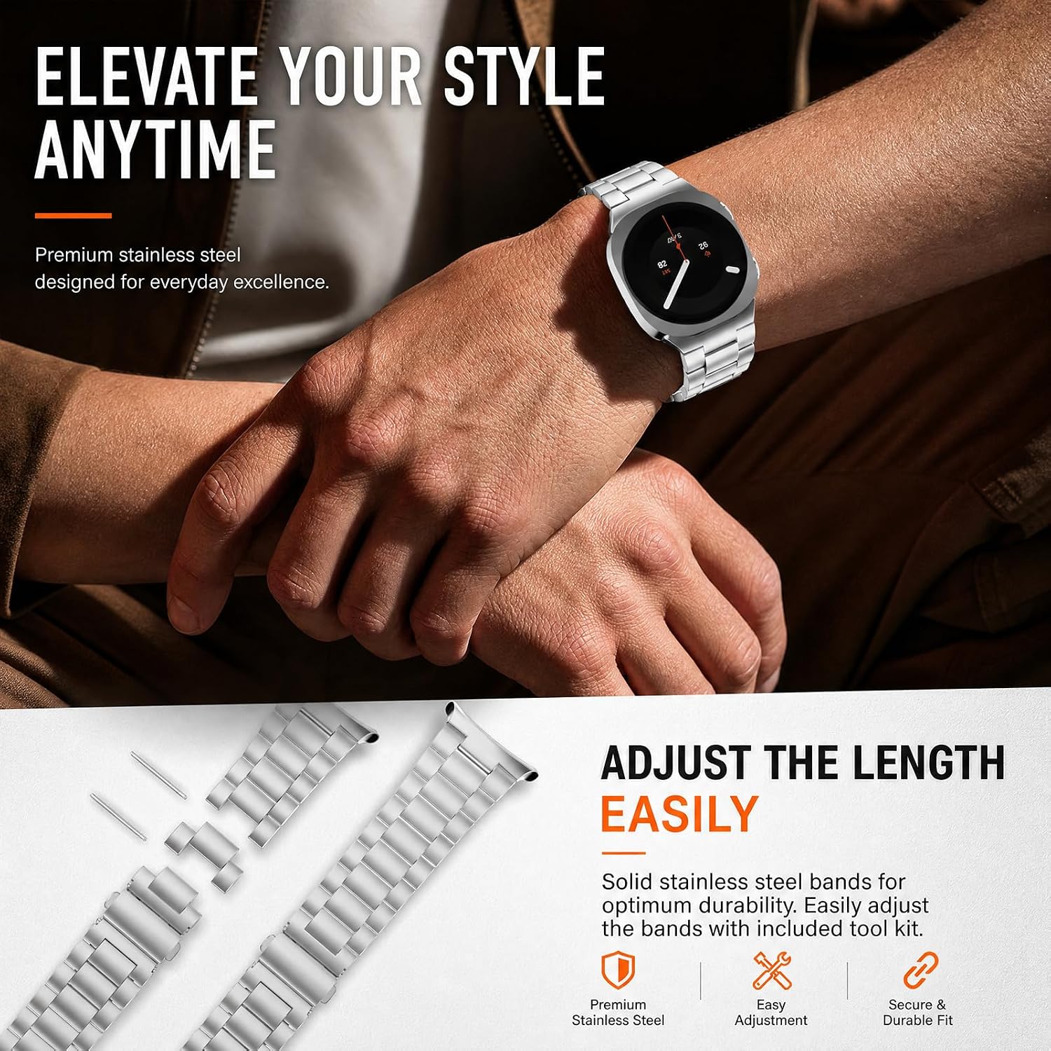 Detalle de SPGUARD Metal Band for Samsung Galaxy Watch 9/8, Stainless Steel, No-Gap Design