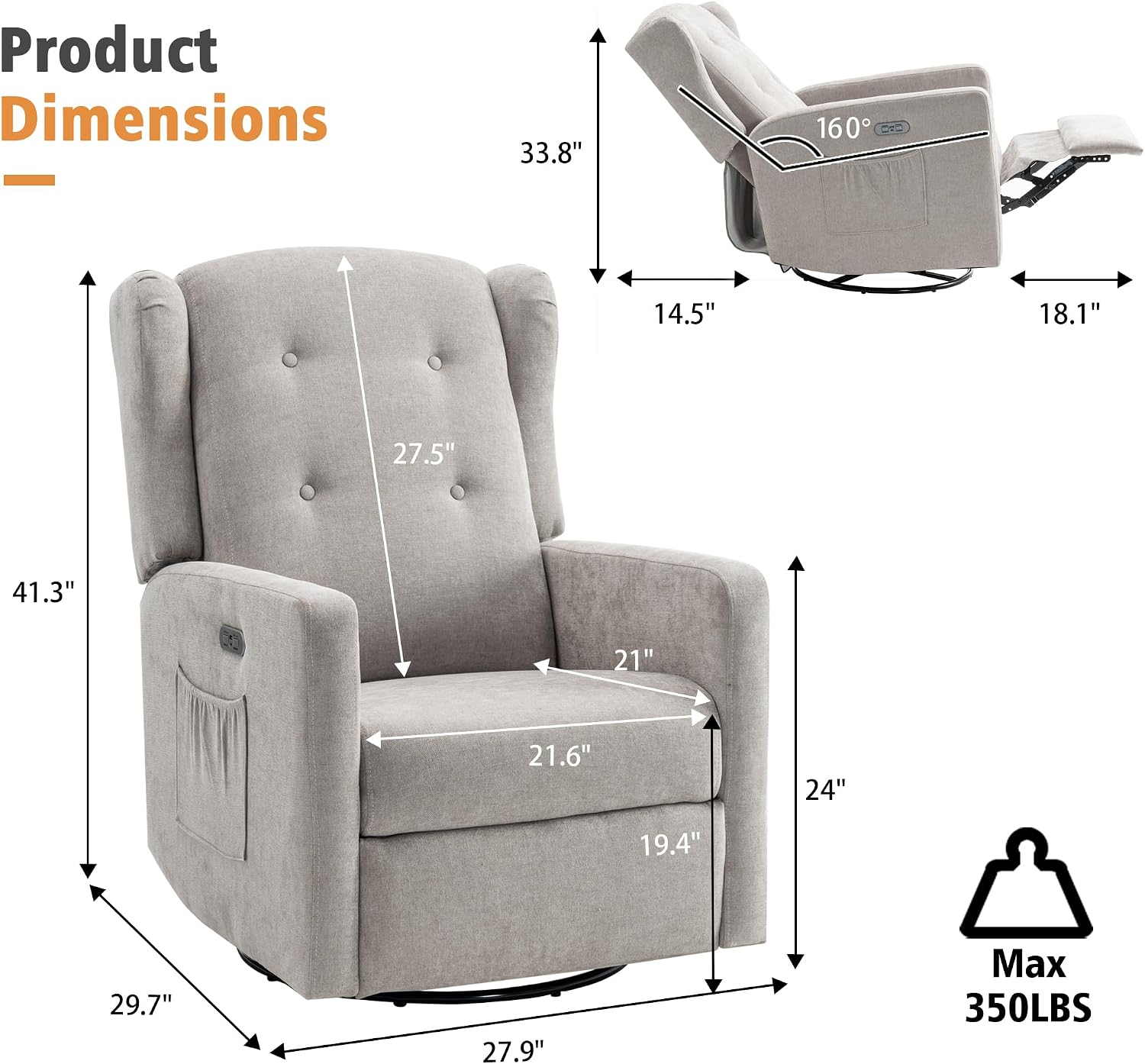 Detalle de Ketaiyou D9966 Power Swivel Rocking Recliner with USB and Type-C Ports