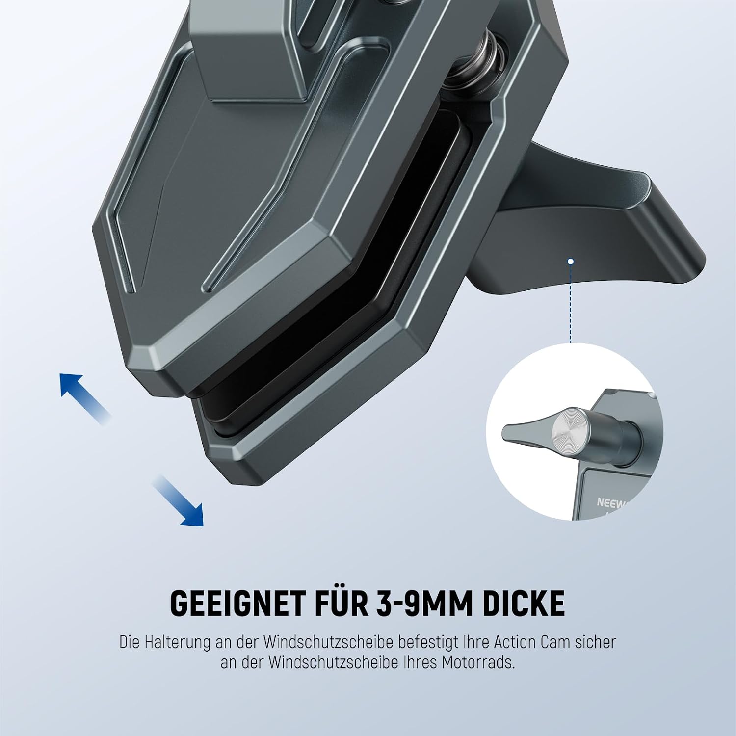 Detalle 2 de NEEWER Action-Cam Klemmhalterung für Motorrad-Windschutzscheibe mit 3-poligem Adapter & 1/4-Zoll Schraubenloch