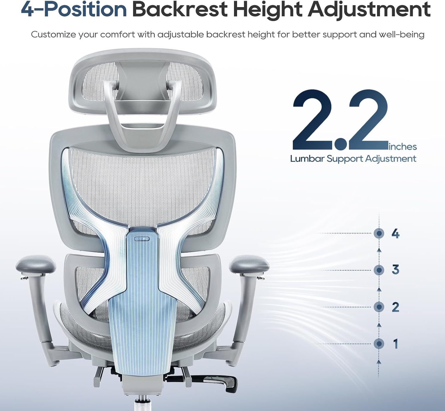 Detalle 2 de COLAMY 5188-Grey Ergonomic Mesh Office Chair with Footrest and 3D Arms