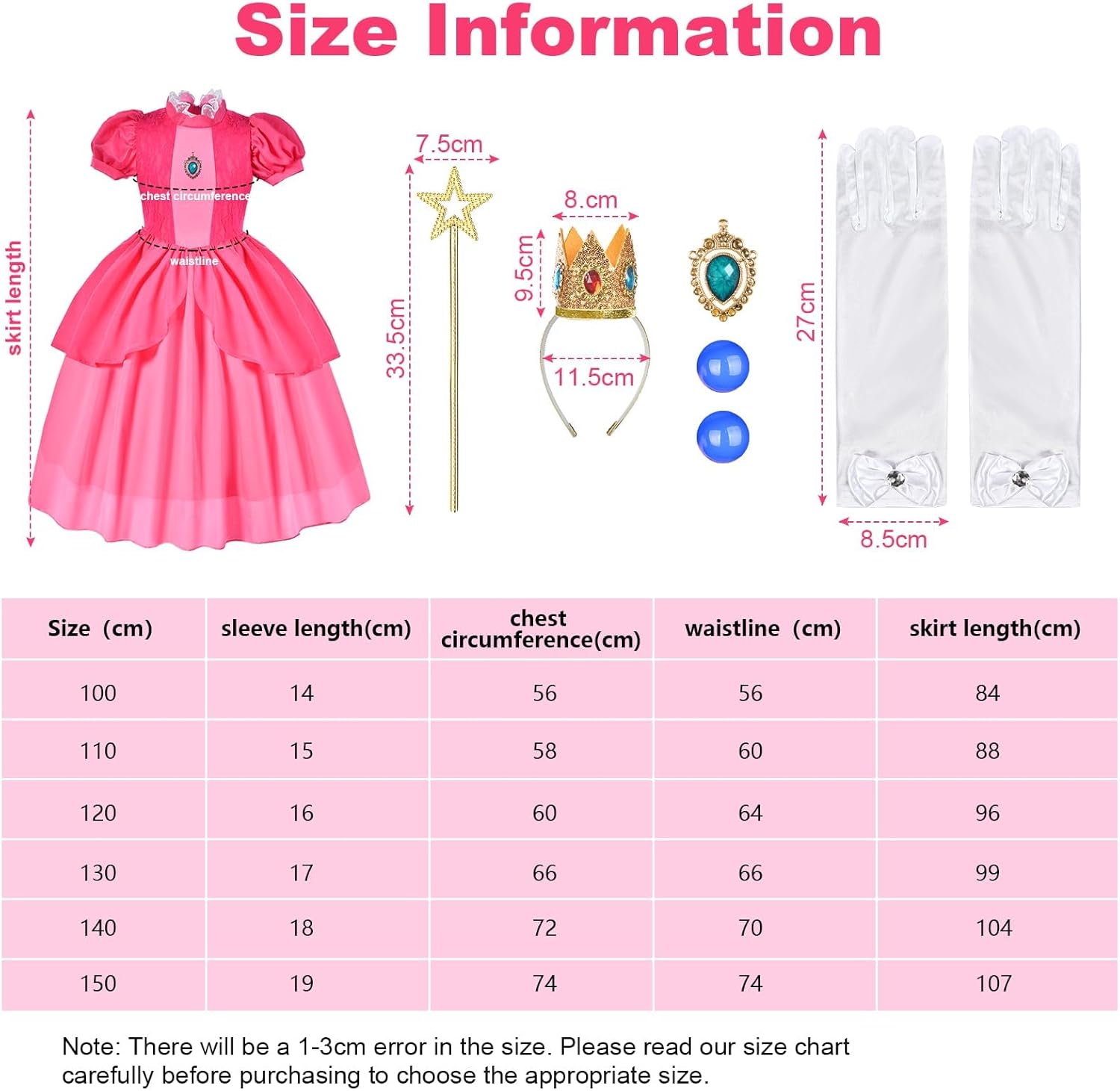Detalle 2 de Aomig Peach Princess Costume per Bambini – 6 pezzi, completo di accessori, taglie 3–10 anni