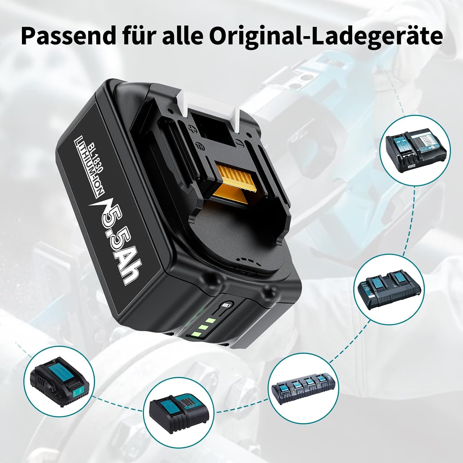 Thumbnail 6 de 2 x 5500 mAh Makita 18V Ersatzakku – robustes Hochkapazitäts-Upgrade mit LED-Anzeige