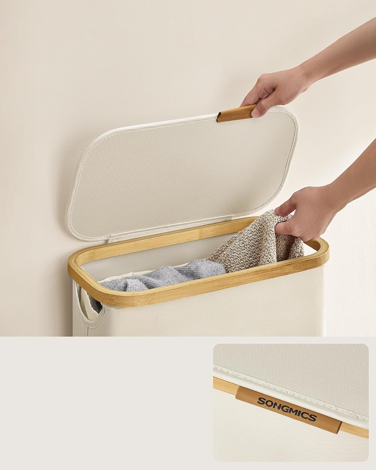 Detalle 2 de SONGMICS ROXANNE LCB514BH01 200L wasmand met deksel en 4 vakken