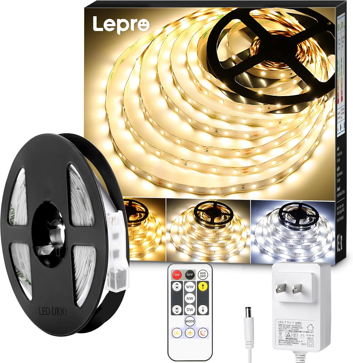 Detalle de Lepro PR410087-DWW-JP テープライト 5m、3色調整・調光対応リモコン付き