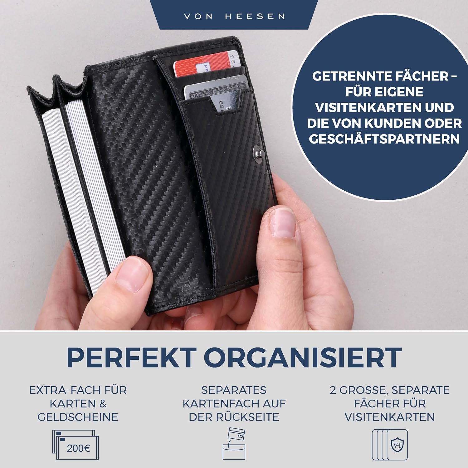 Detalle de VON HEESEN Visitenkartenetui in Carbon-Optik mit RFID-Schutz – Platz für 50 Karten