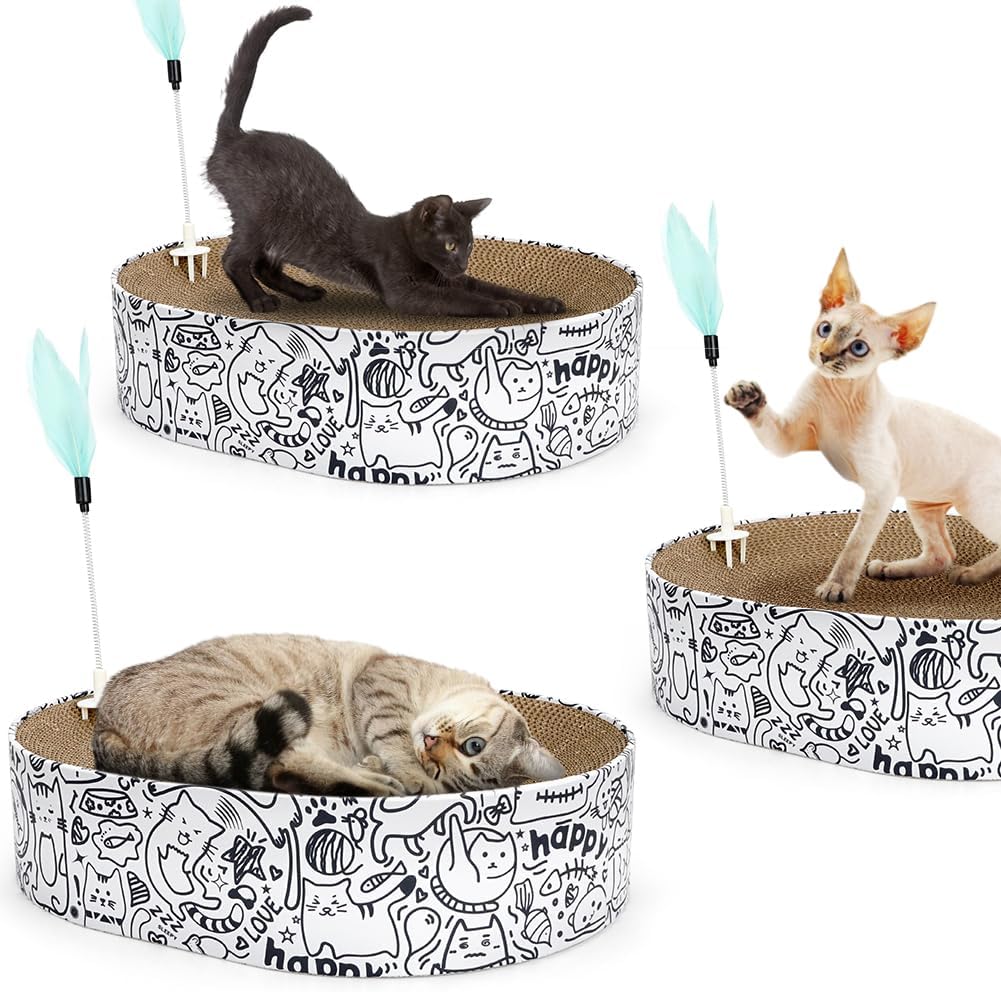 Thumbnail 3 de Graffiti 2in1 Oval Cat Scratcher Bed & Lounge with Scratching Toy & Bowl – XL Corrugated Cardboard Cat Scratch Pad & Furniture Protector by ARGOPET