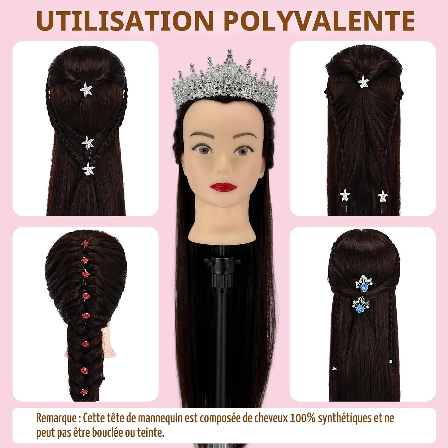 Detalle de Tête à coiffer professionnelle pour enfants avec support – kit complet pour apprentissage en salons et écoles