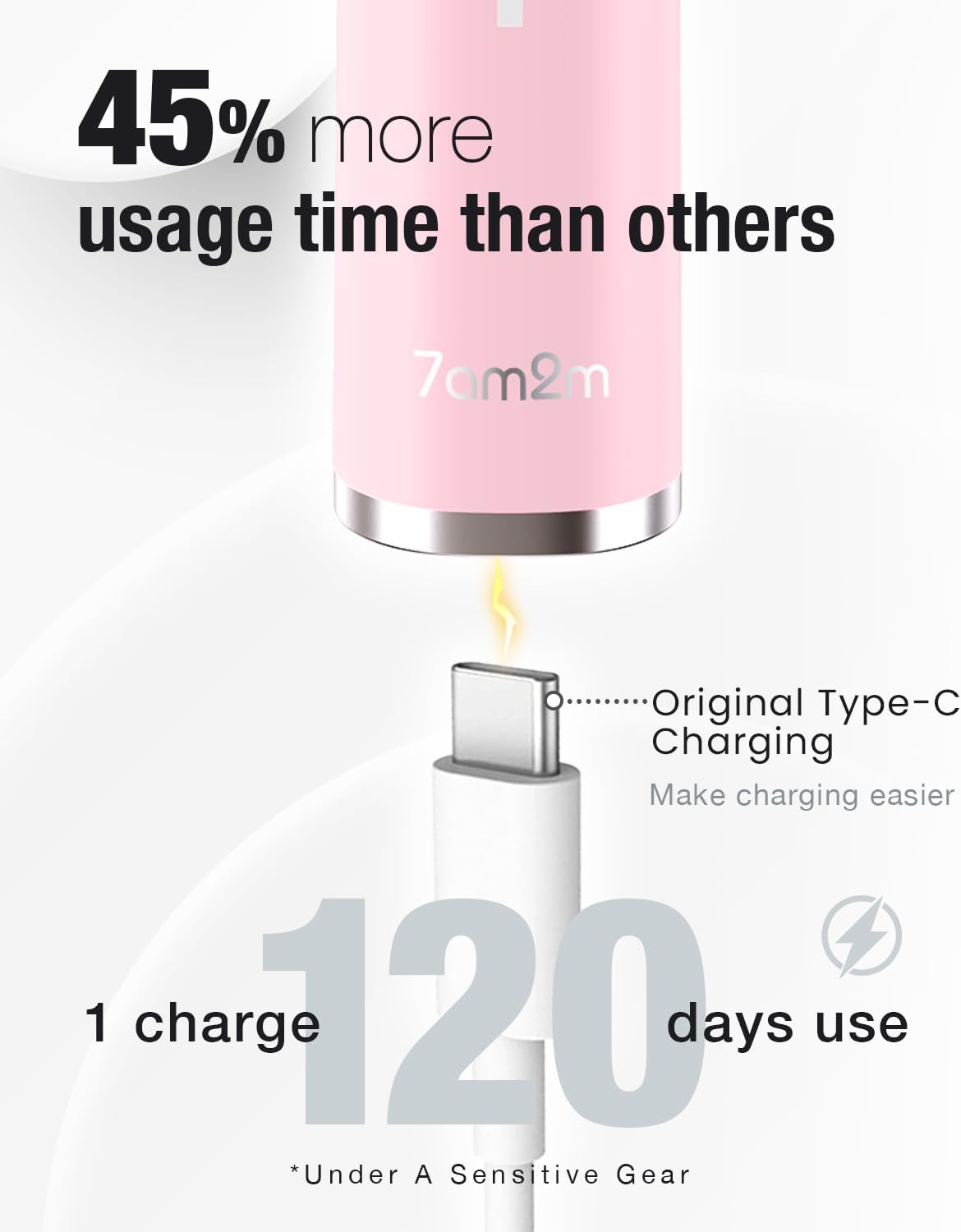 Thumbnail 6 de 7AM2M Sonic Electric Toothbrush for Adults & Kids (Pink) with 6 Brush Heads, 5 Modes, Type-C Charging, and Up to 120 Days on a Single Charge