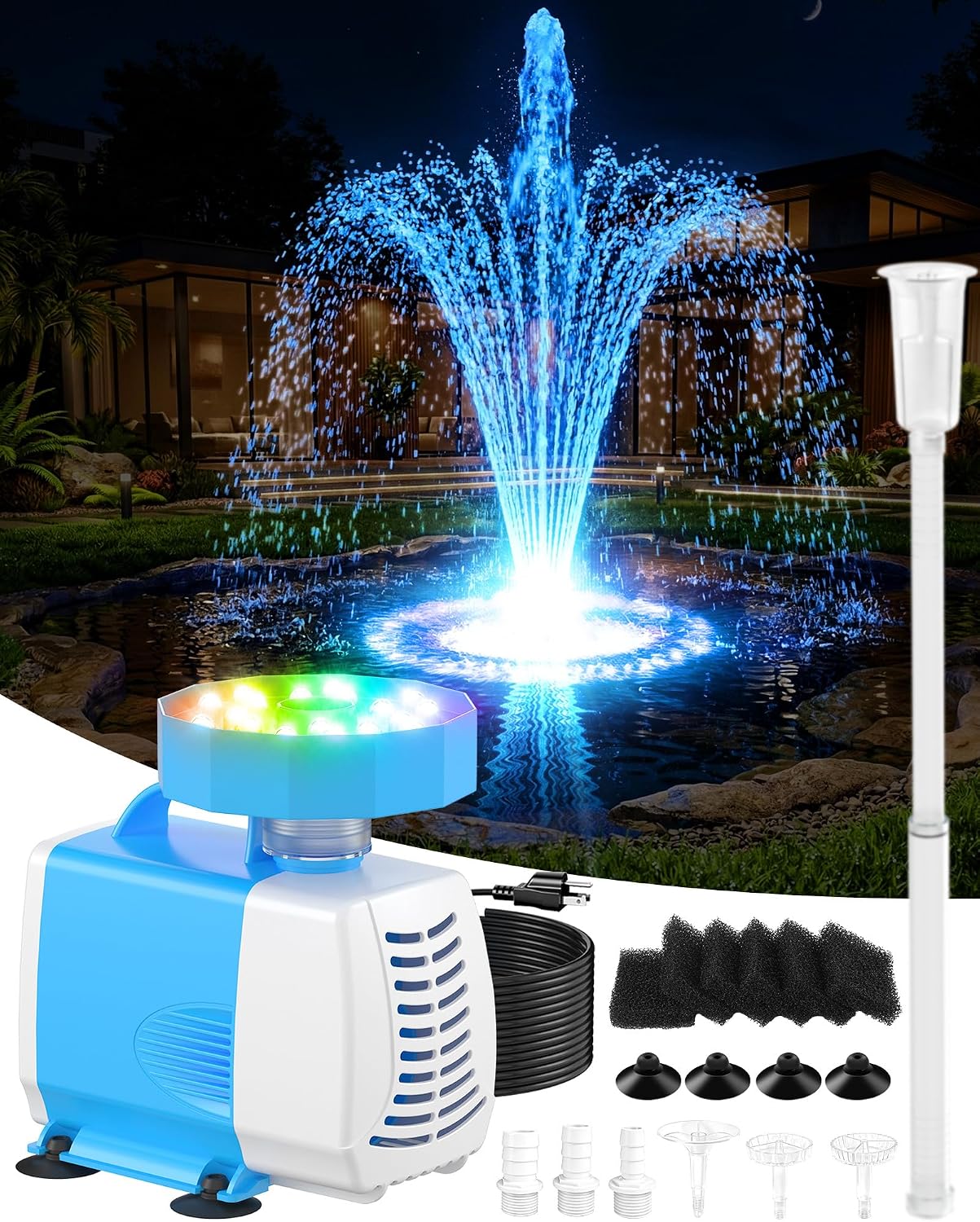 Detalle de Luxfero 3-en-1: Pompe pour Fontaine Extérieure avec Filtre, LED RGB et 3000 L/H — tout-en-un pour bassin et jardin