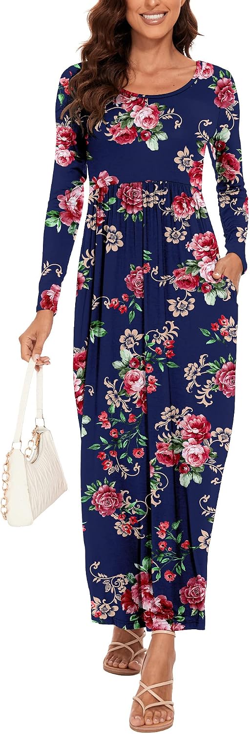 Detalle de DEARCASE Damen Maxi Kleid Sommer Mutterschaft Casual Langarm/Kurzarm Floral – Lose Passform, Taschen und Plusgröße