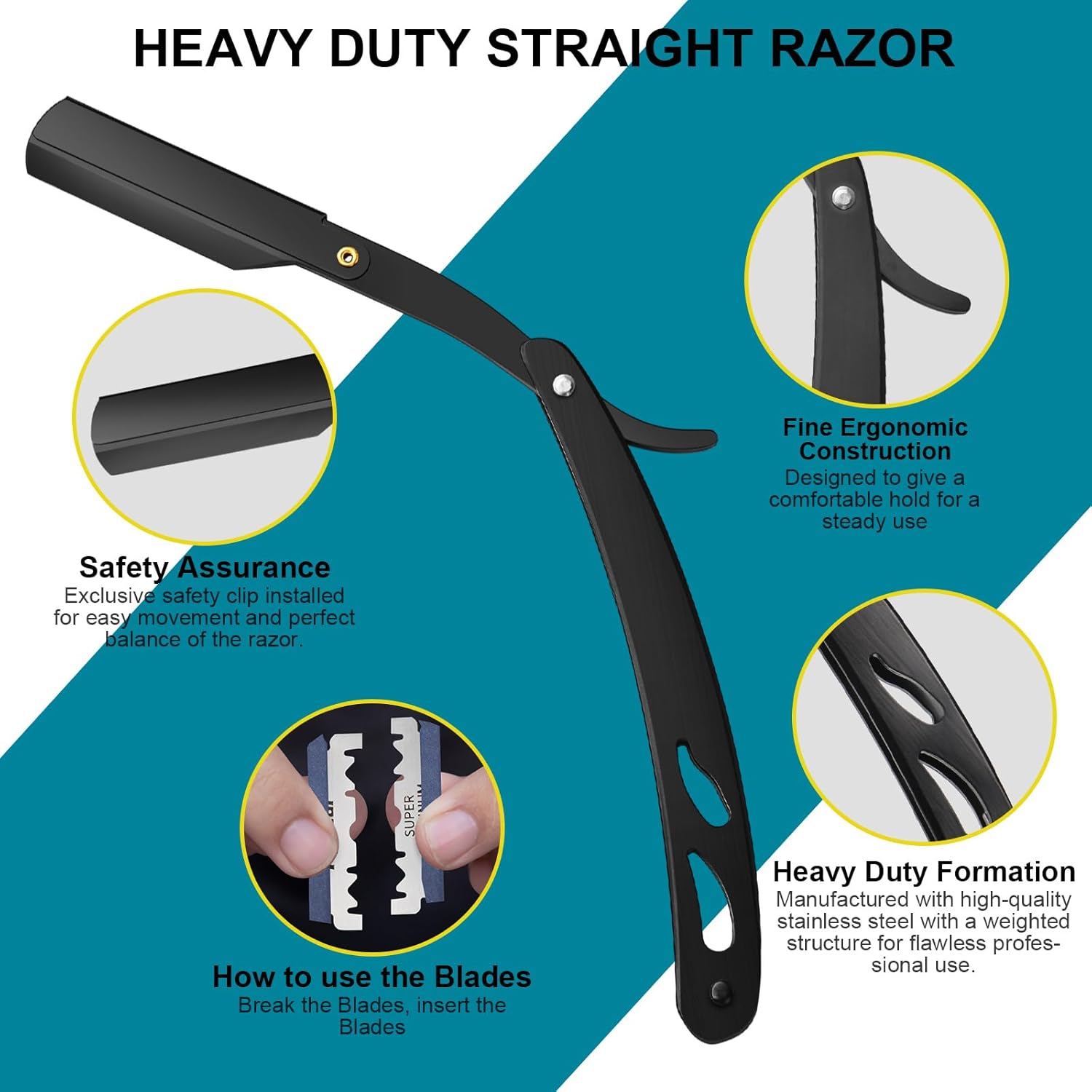 Thumbnail 3 de URAQT Rasoio da barbiere manuale in acciaio inox con 60 mezze lamette, nero