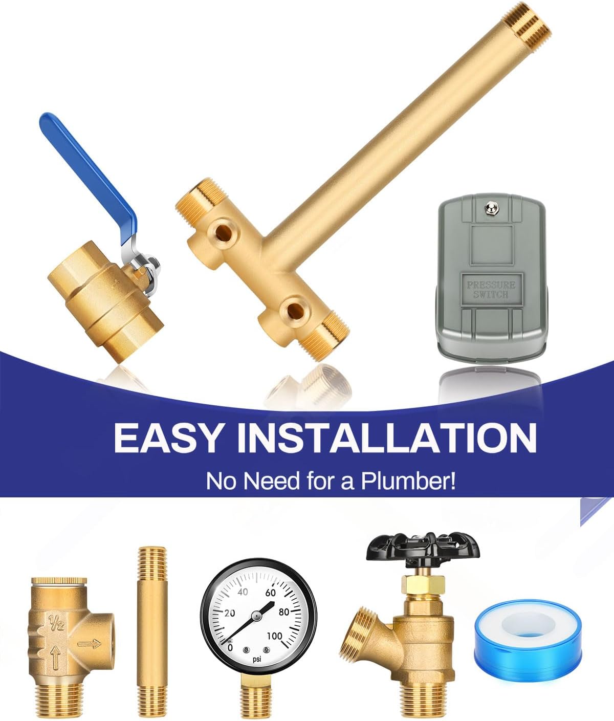 Detalle 2 de Miumoon 1" x 11" Well Pressure Tank Tee Kit, 40/60 Switch, Brass