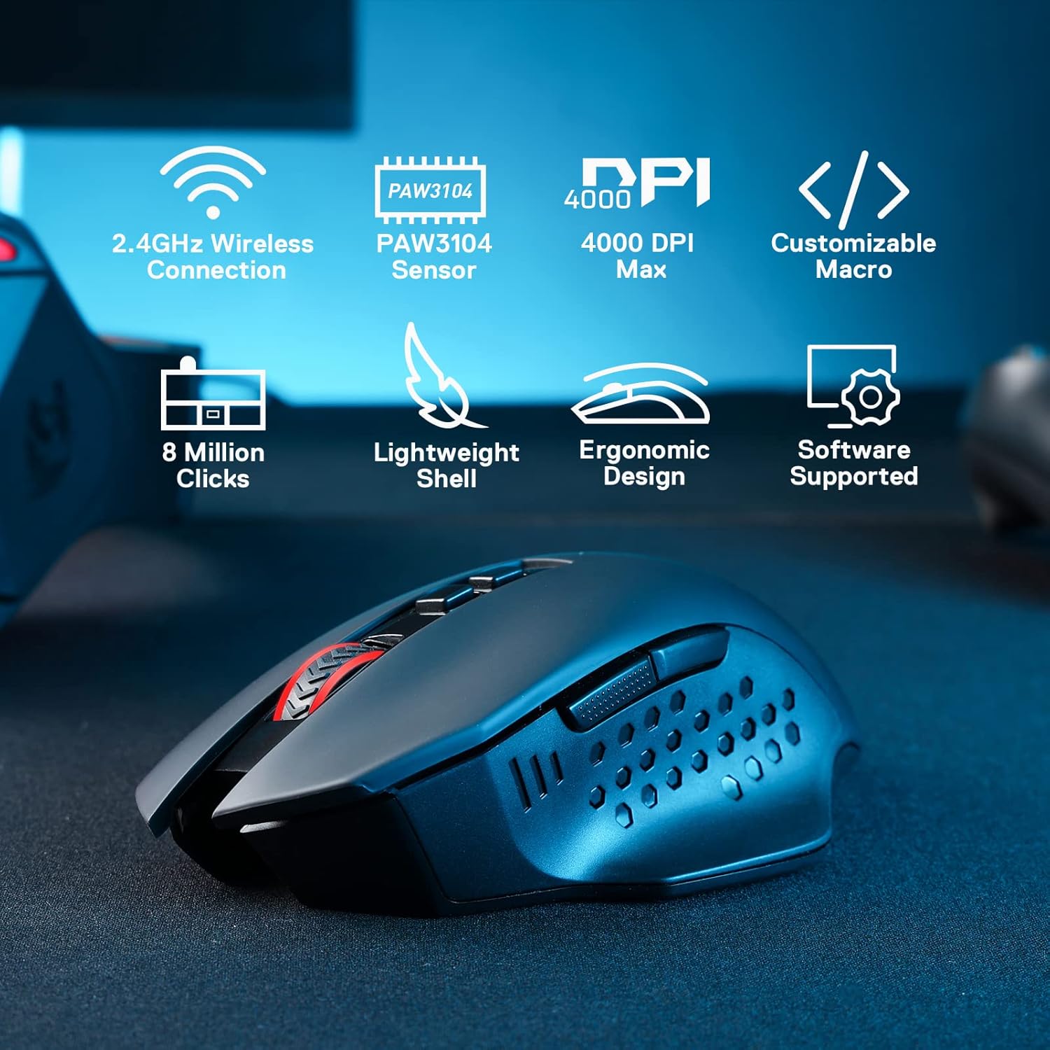 Detalle de Redragon M656 Gainer Kabellose Gaming Maus – 4000 DPI, 7 Makrotasten, 2,4 GHz