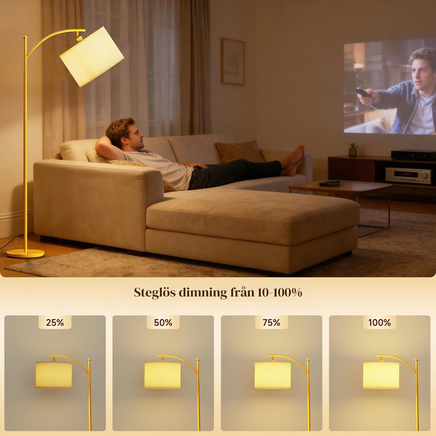 Detalle 2 de GLUROO 01 golvlampa i guld med fjärrkontroll och dimbar LED-belysning