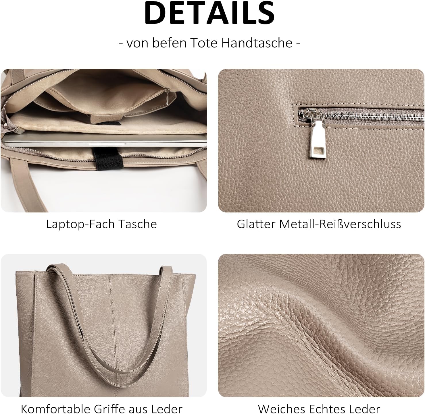 Thumbnail 5 de befen Echtleder Shopper-Tasche für Damen mit 14-Zoll-Laptopfach (Groß, Reißverschluss)