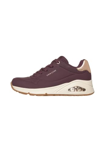 Detalle de Skechers UNO Golden Air, zapatillas para mujer con detalles dorados, borgoña, talla 38