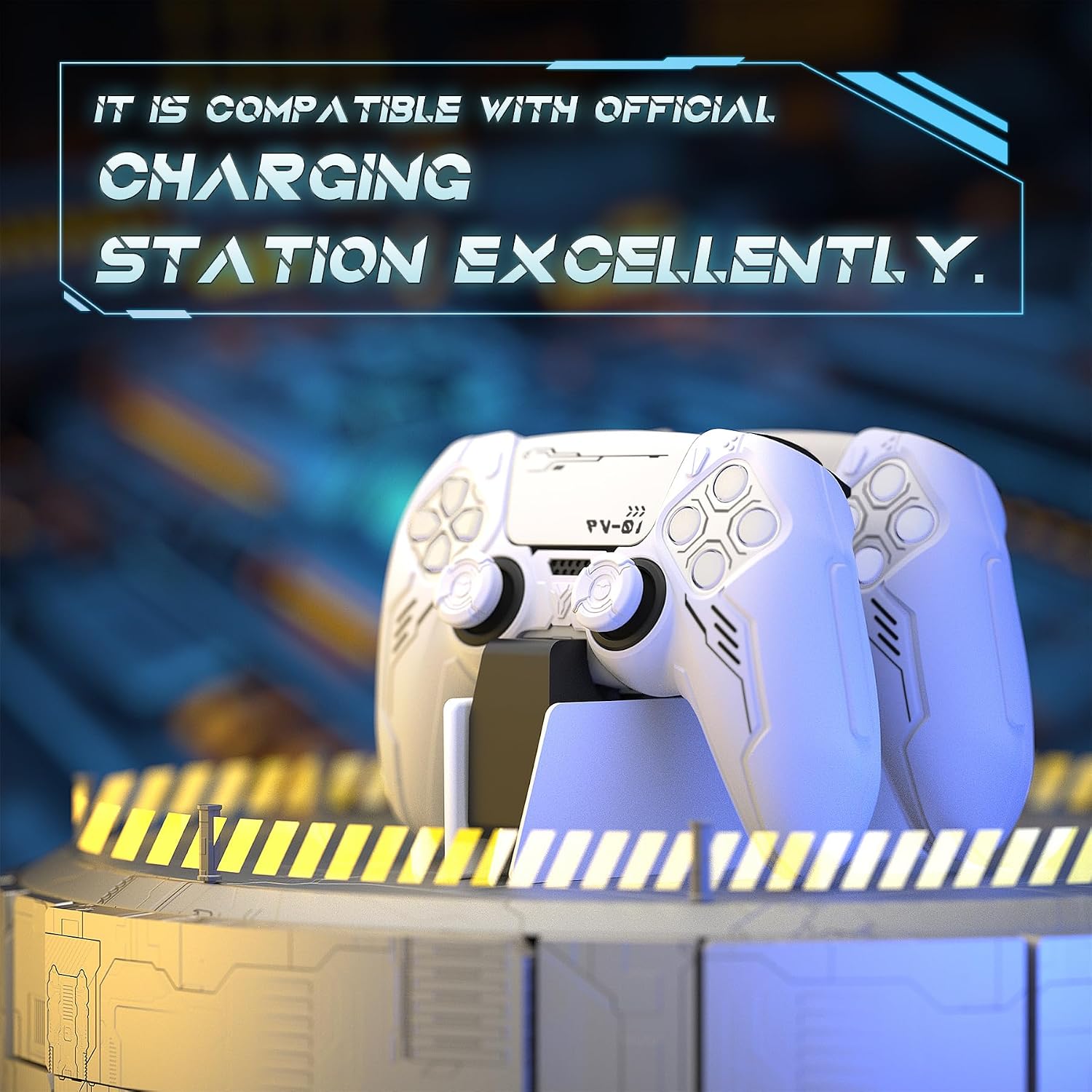 Detalle de playvital Mecha Edition Silicone Cover for PS5 Controller (White) with Joystick Caps & Stickers