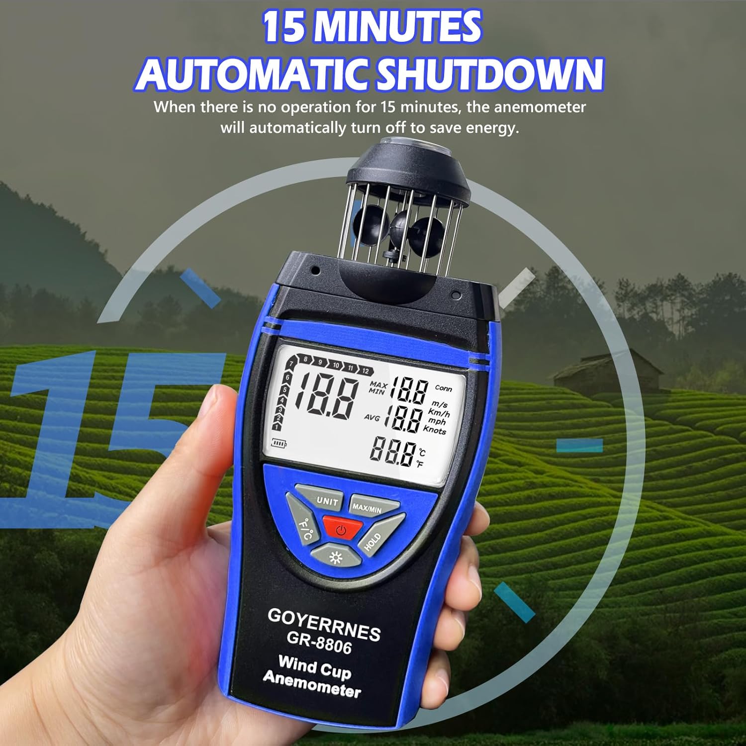 Detalle de Anemometer Windmesser GR-8806 – Handheld, präzise Wind- und Temperaturmessung mit LCD und Stativanschluss