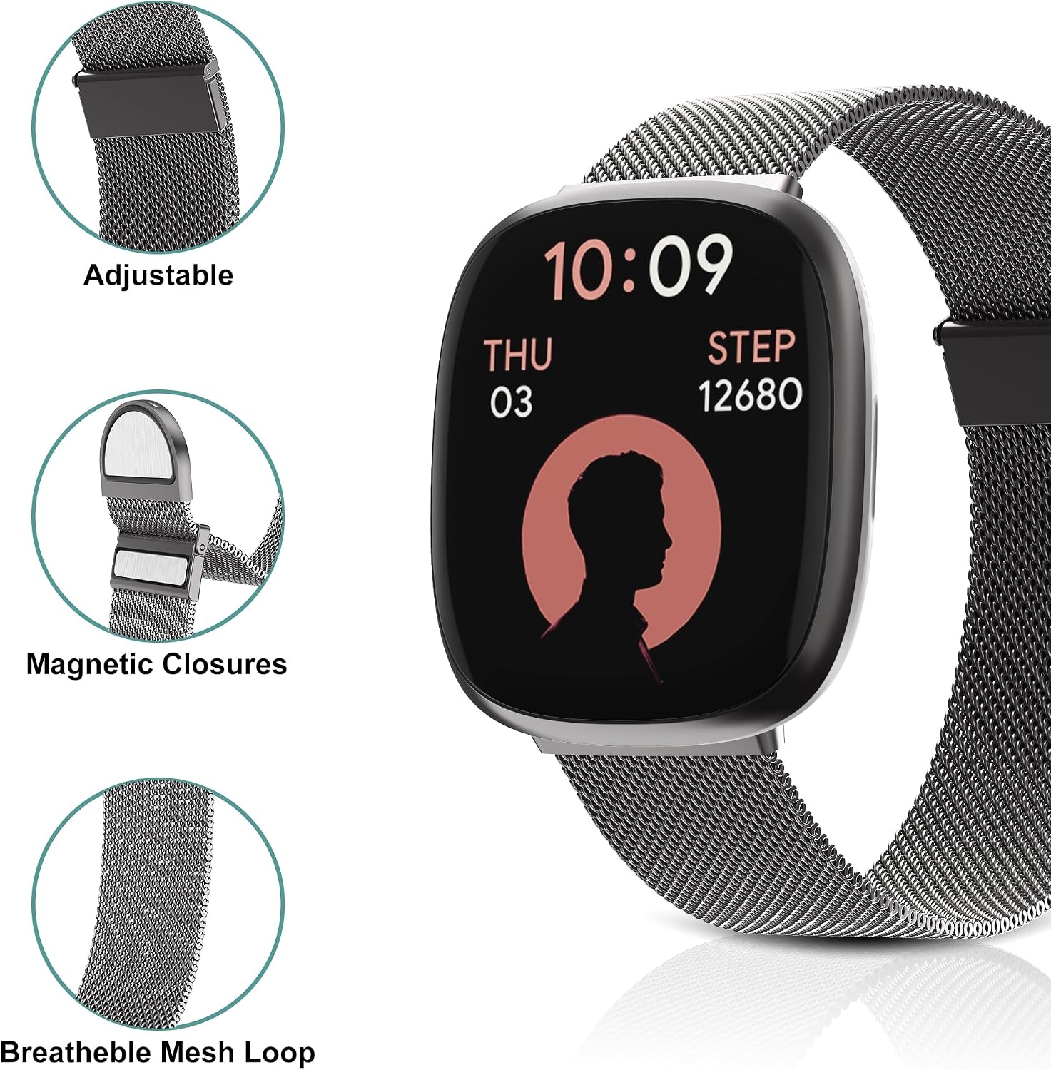 Detalle de Higgs Magnetic Mesh Strap for Fitbit Versa 3/4 & Sense 2 – Graphite